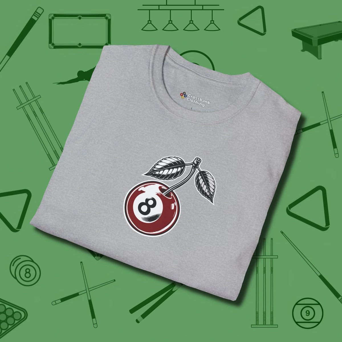 Cherry Eight Ball T-Shirt, folded view, in Sport Grey where cue control meets personal style