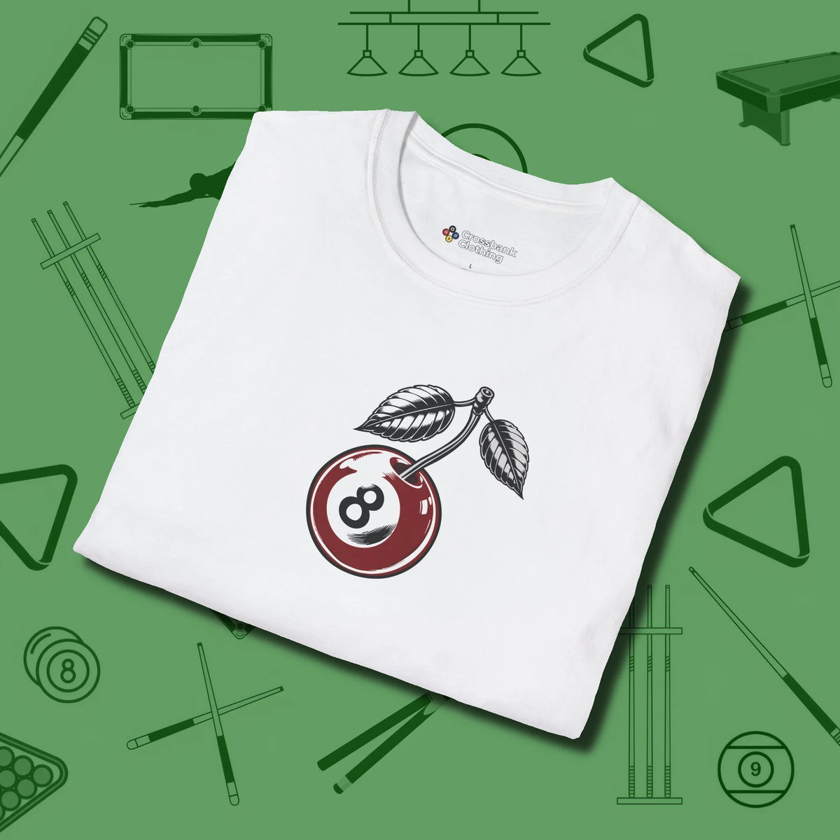 Cherry Eight Ball T-Shirt, folded view, in White table-tested, street-approved style