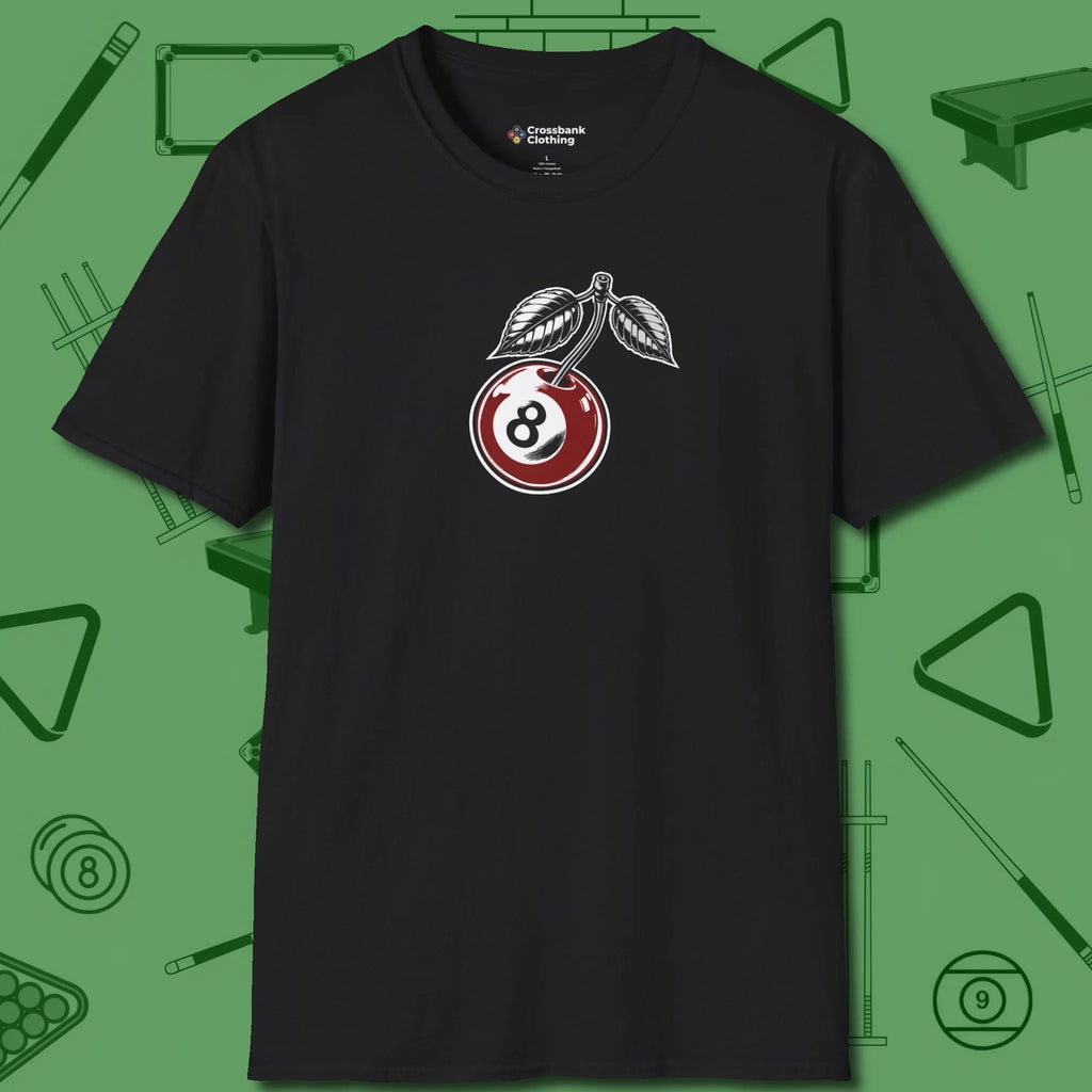 Cherry Eight Ball T-Shirt, front view, in Black built for bold breaks and quiet confidence
