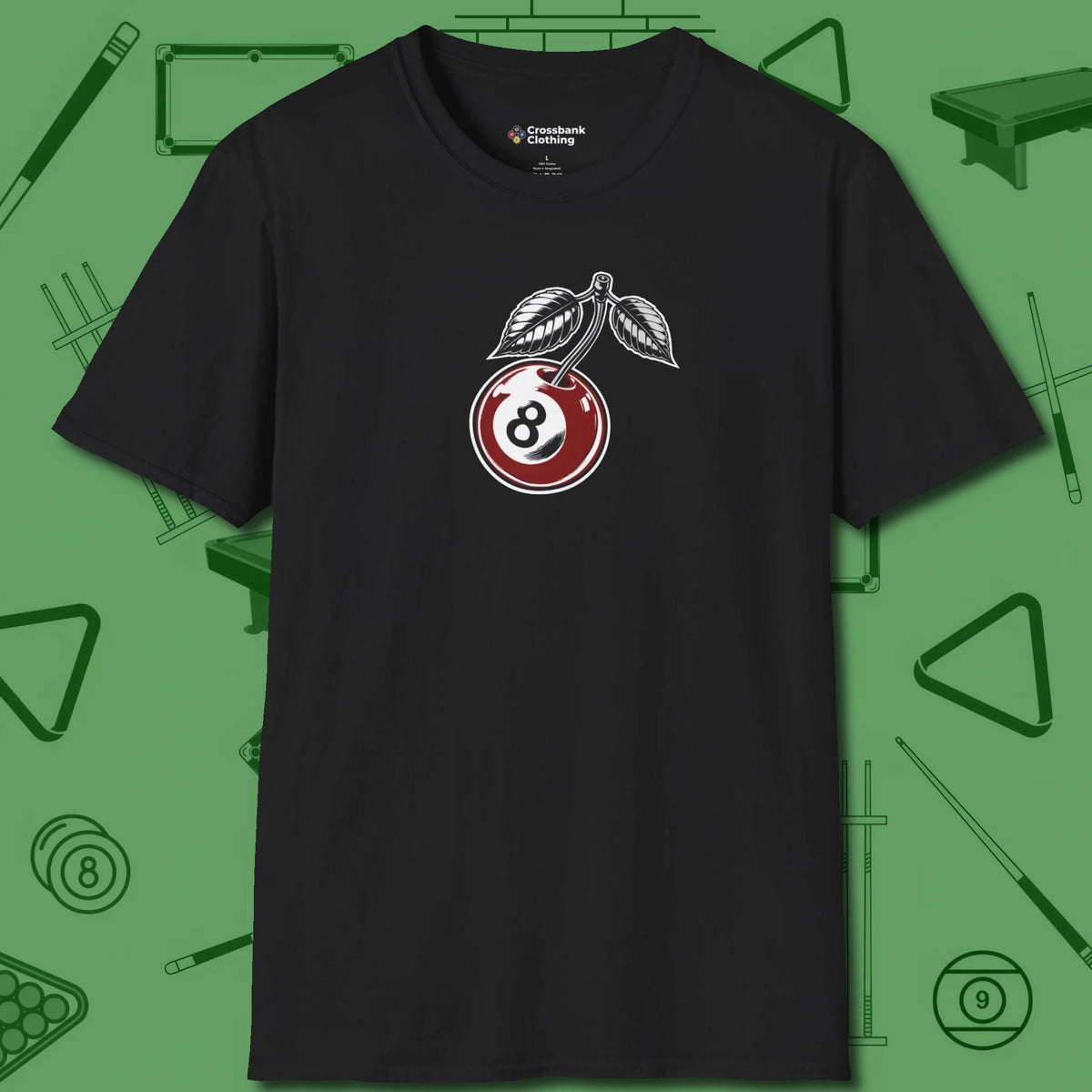 Cherry Eight Ball T-Shirt, front view, in Black built for bold breaks and quiet confidence