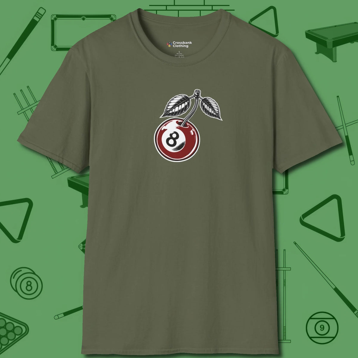 Cherry Eight Ball T-Shirt, front view, in Military Green built for bold breaks and quiet confidence