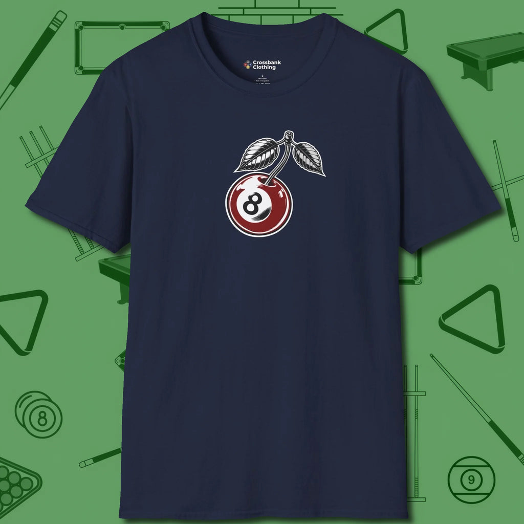Cherry Eight Ball T-Shirt, front view, in Navy stitched for cue discipline and cool confidence