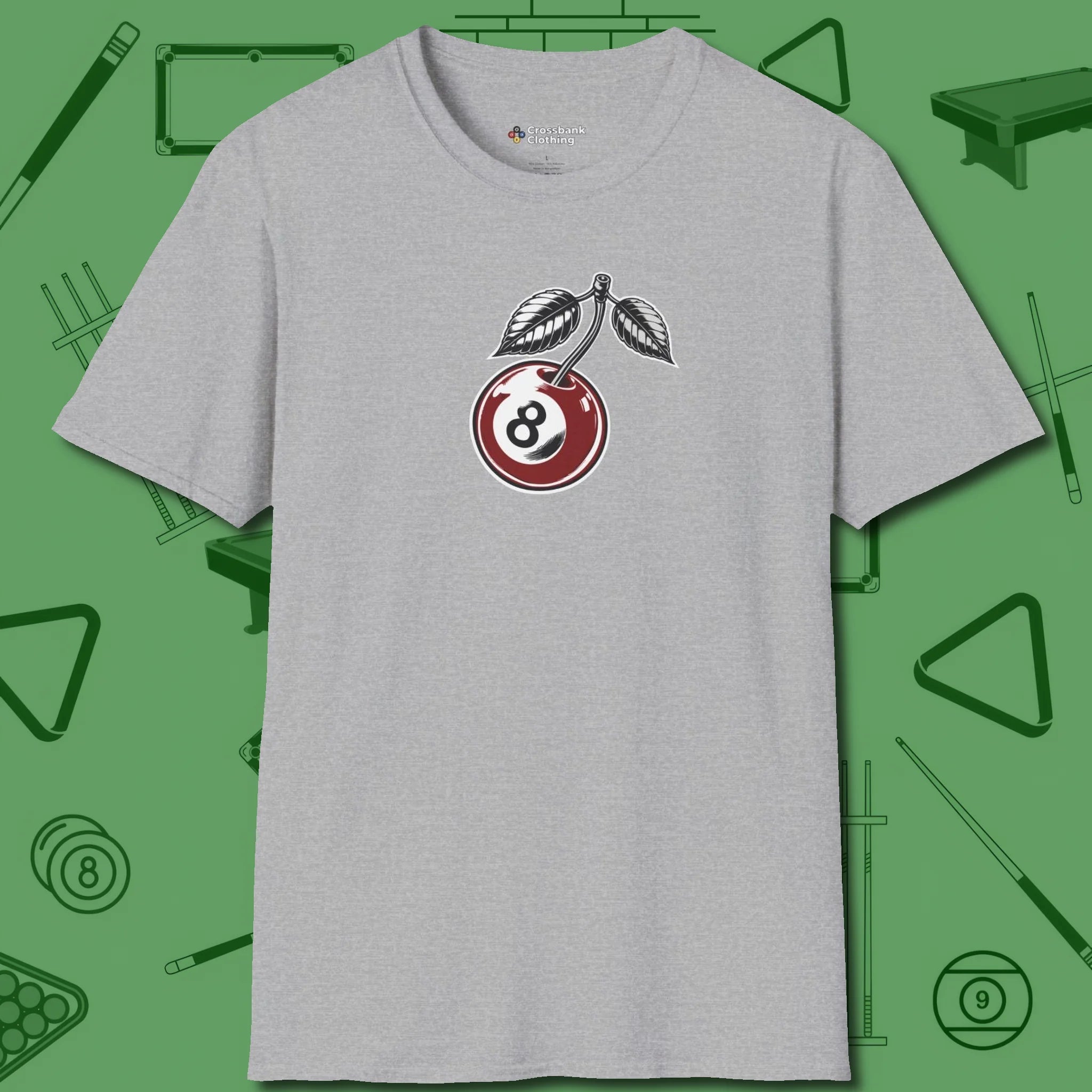 Cherry Eight Ball T-Shirt, front view, in Sport Grey what the real shooters wear