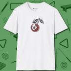 Cherry Eight Ball T-Shirt, front view, in White break, run out, turn heads — repeat