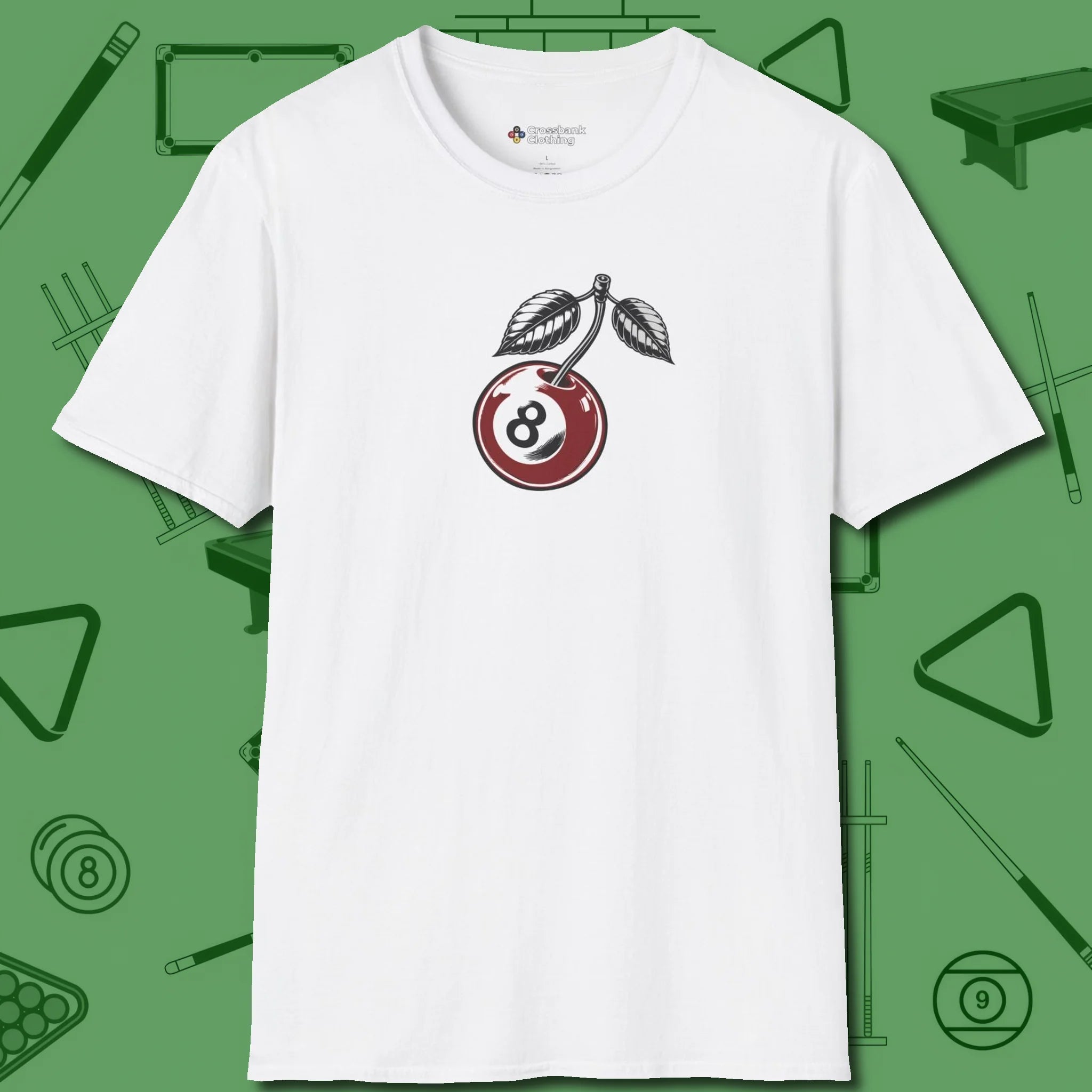 Cherry Eight Ball T-Shirt, front view, in White break, run out, turn heads — repeat