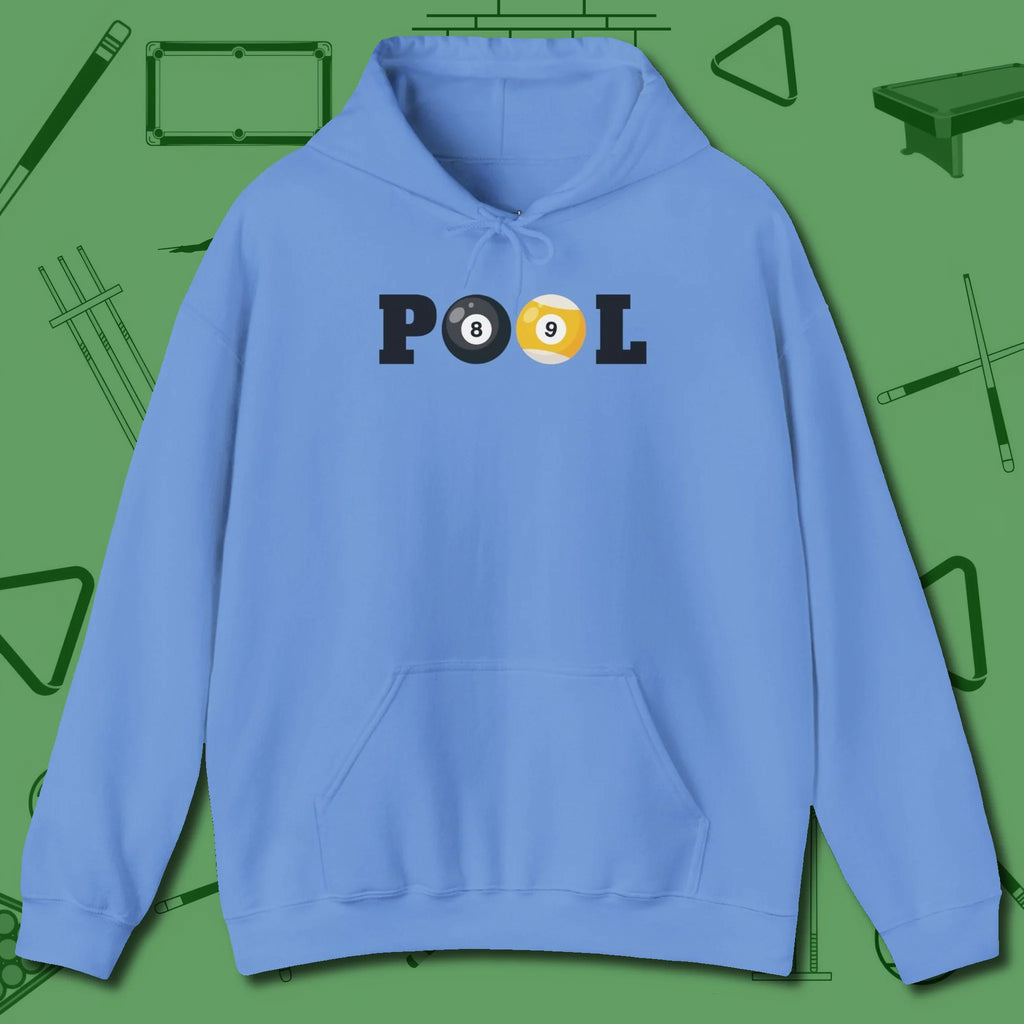 Classic Hoodie, front view, in Carolina Blue cue sports swagger done right