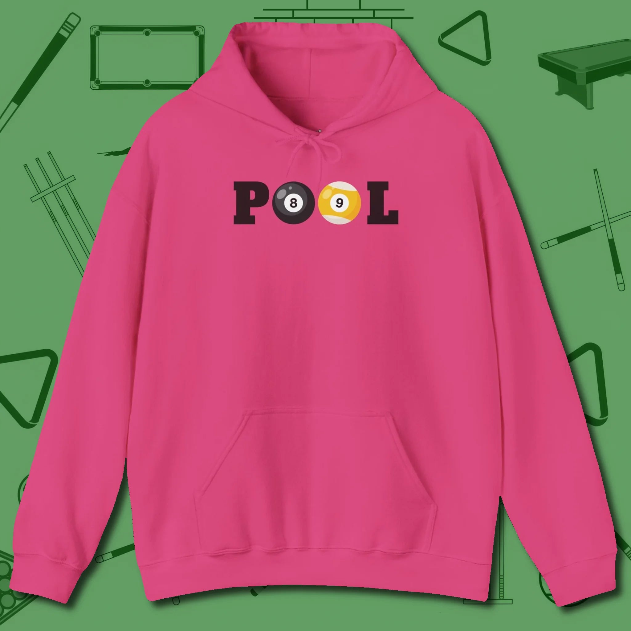 Classic Hoodie, front view, in Heliconia cool under pressure, hot on the eyes