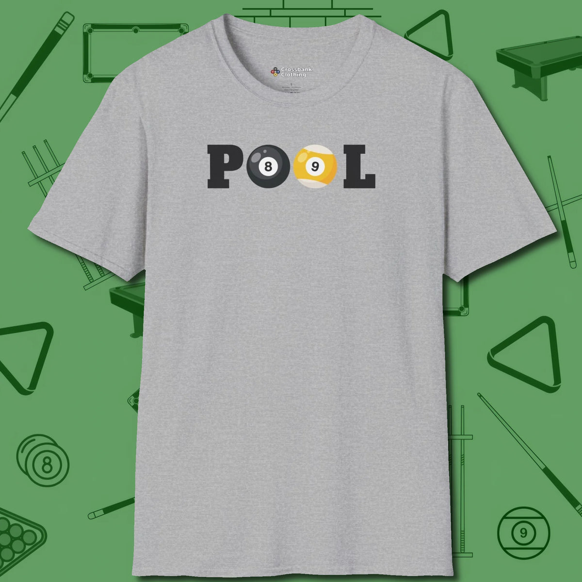 Classic T-Shirt, front view, in Sport Grey classic cue style, no gimmicks