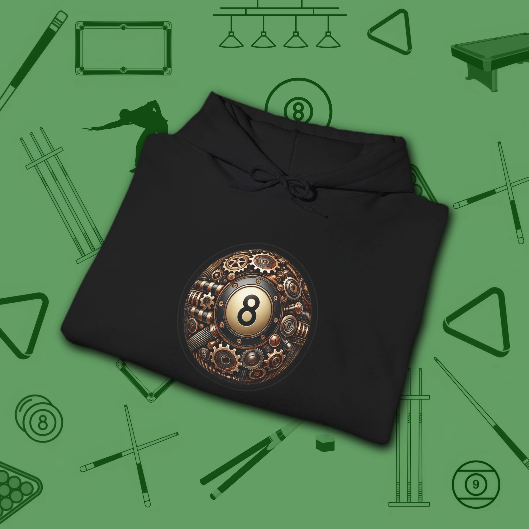 Clockwork Eight Ball Hoodie, in Black color, billiards hoodie, folded view