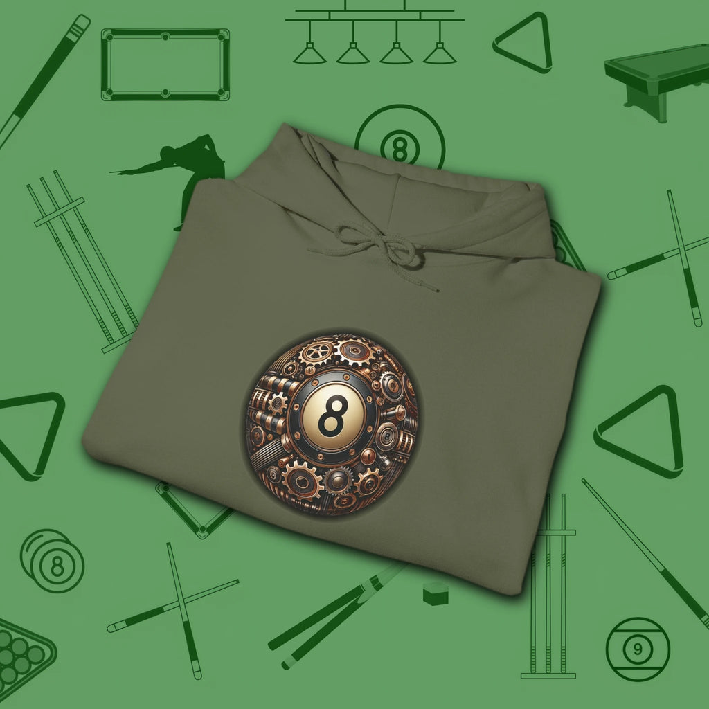 Clockwork Eight Ball Hoodie, in Military Green color, billiards hoodie, folded view