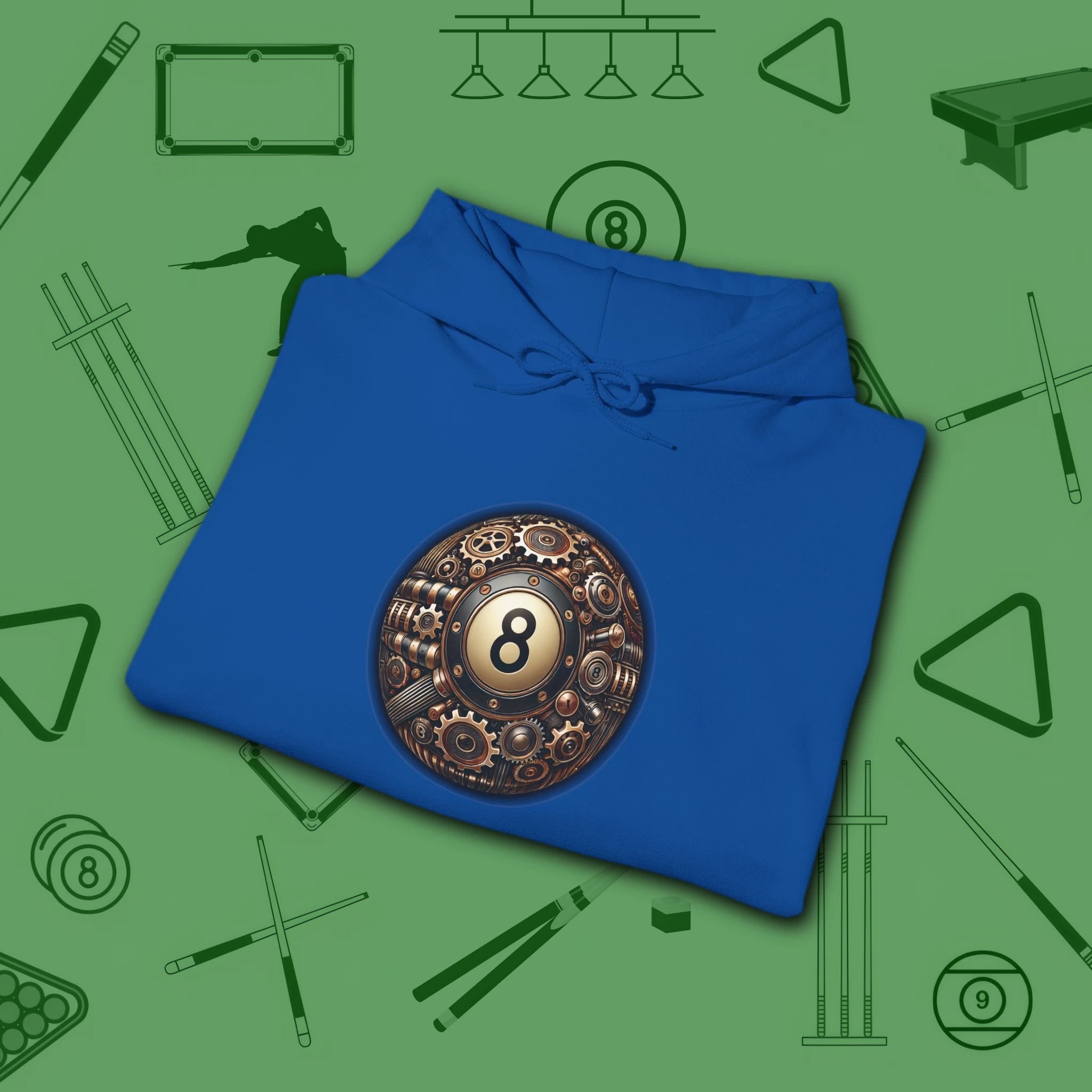 Clockwork Eight Ball Hoodie, in Royal color, billiards hoodie, folded view