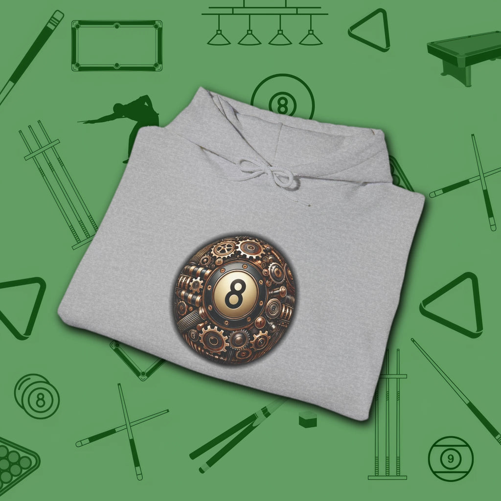 Clockwork Eight Ball Hoodie, in Sport Grey color, billiards hoodie, folded view