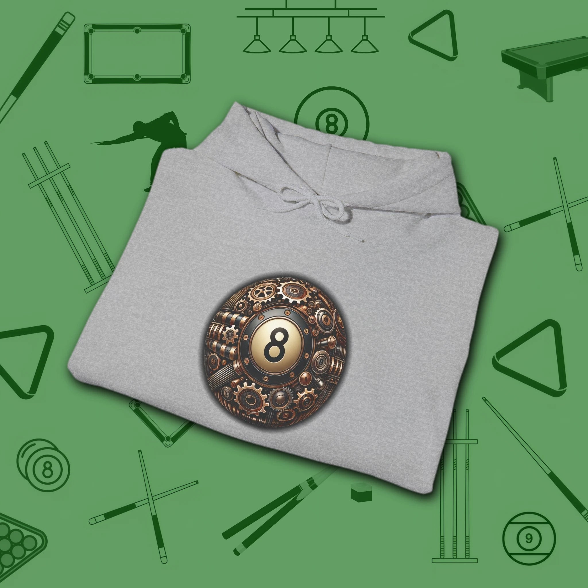 Clockwork Eight Ball Hoodie, in Sport Grey color, billiards hoodie, folded view