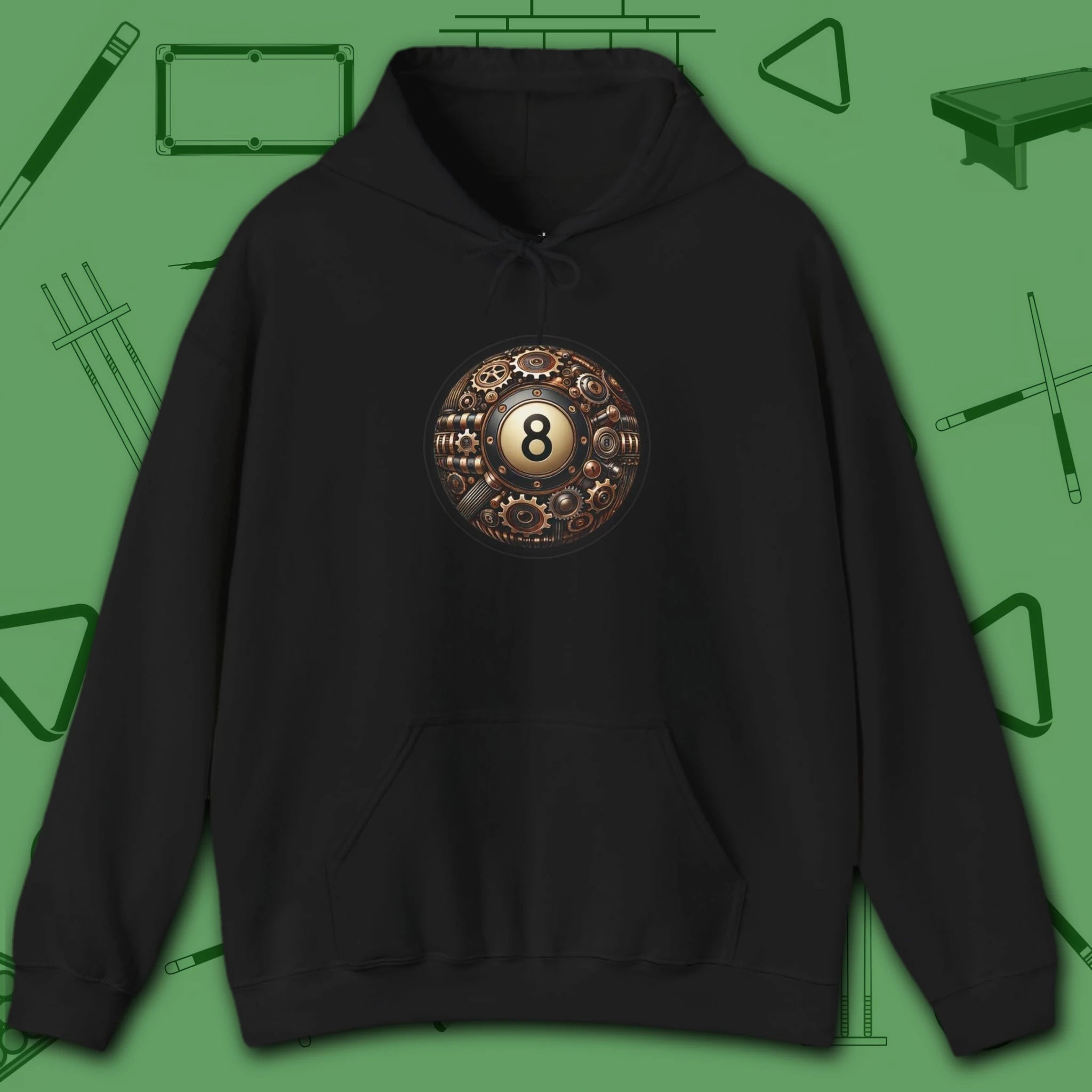 Clockwork Eight Ball Hoodie, in Black color, billiards hoodie, front view
