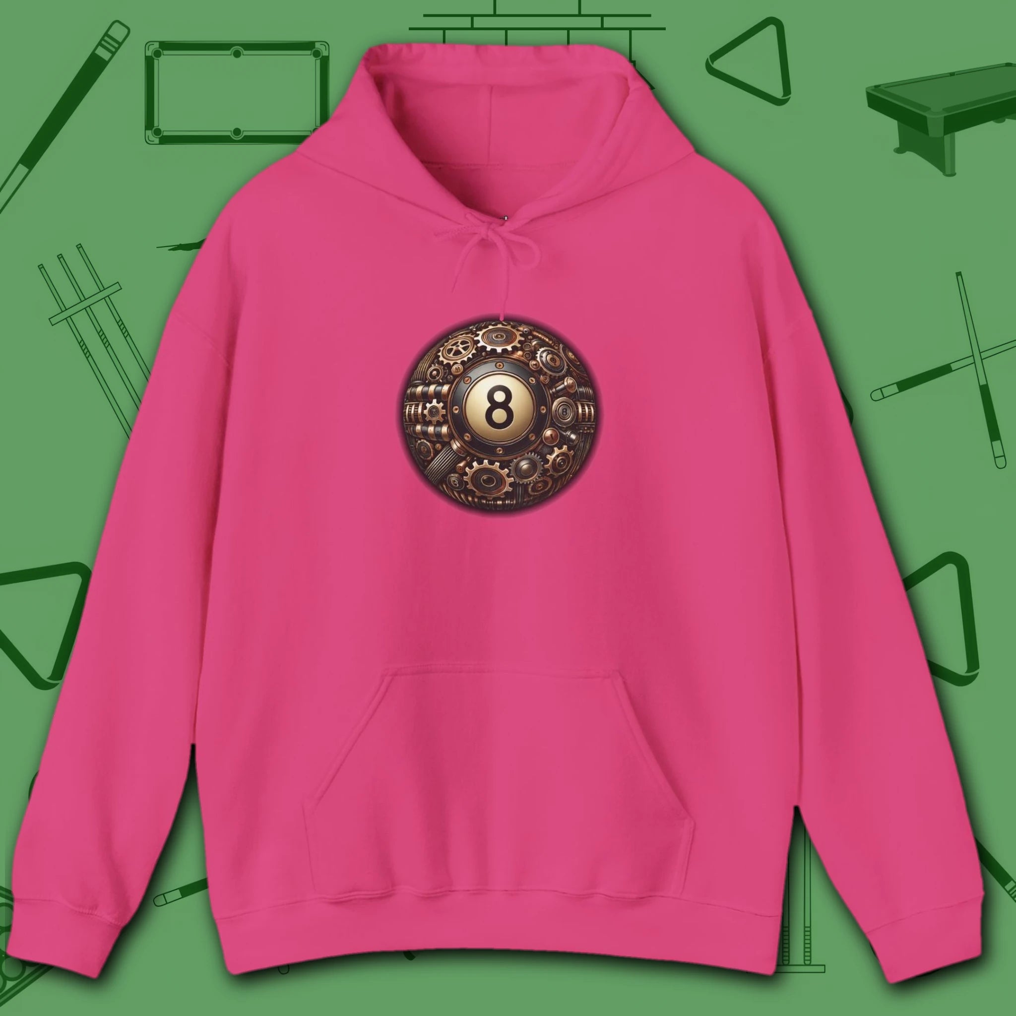 Clockwork Eight Ball Hoodie, in Heliconia color, billiards hoodie, front view