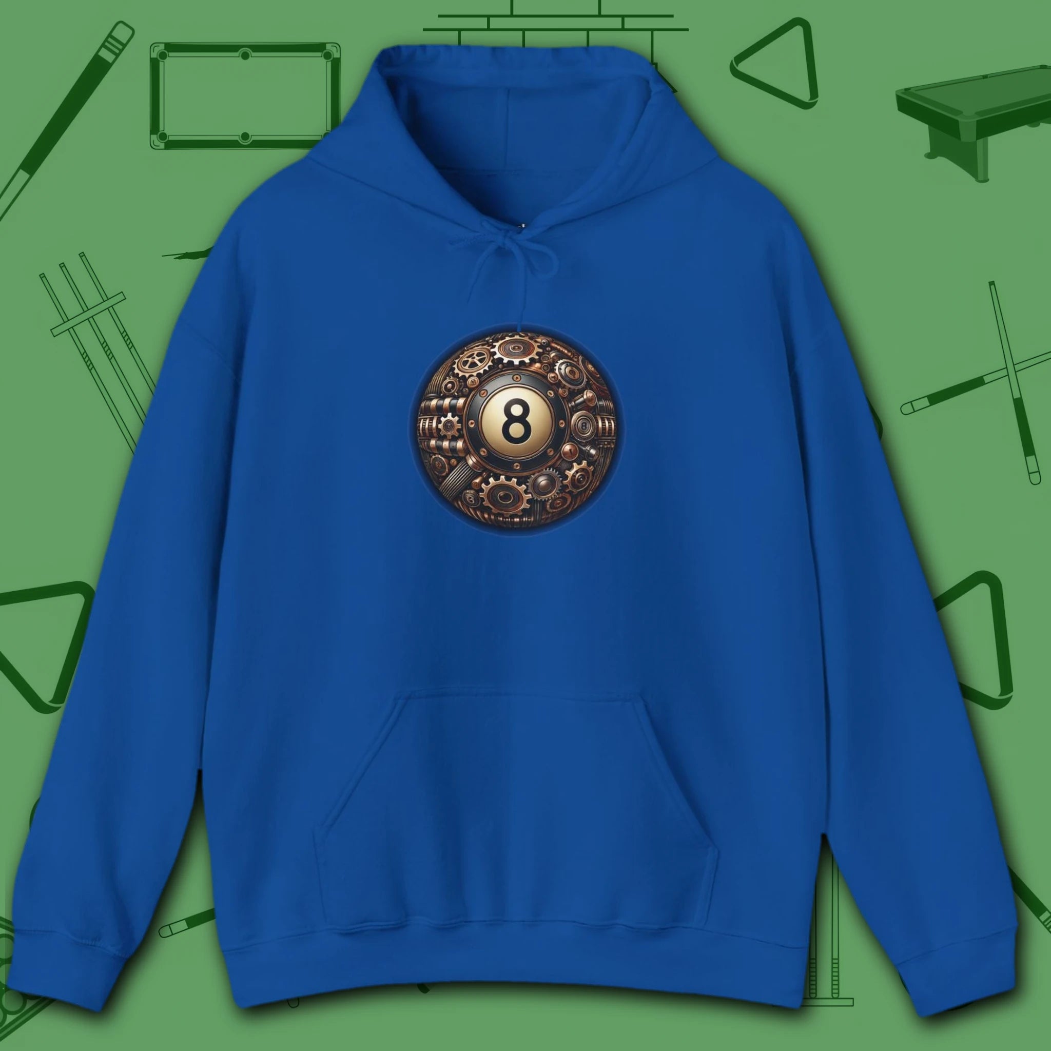 Clockwork Eight Ball Hoodie, in Royal color, billiards hoodie, front view