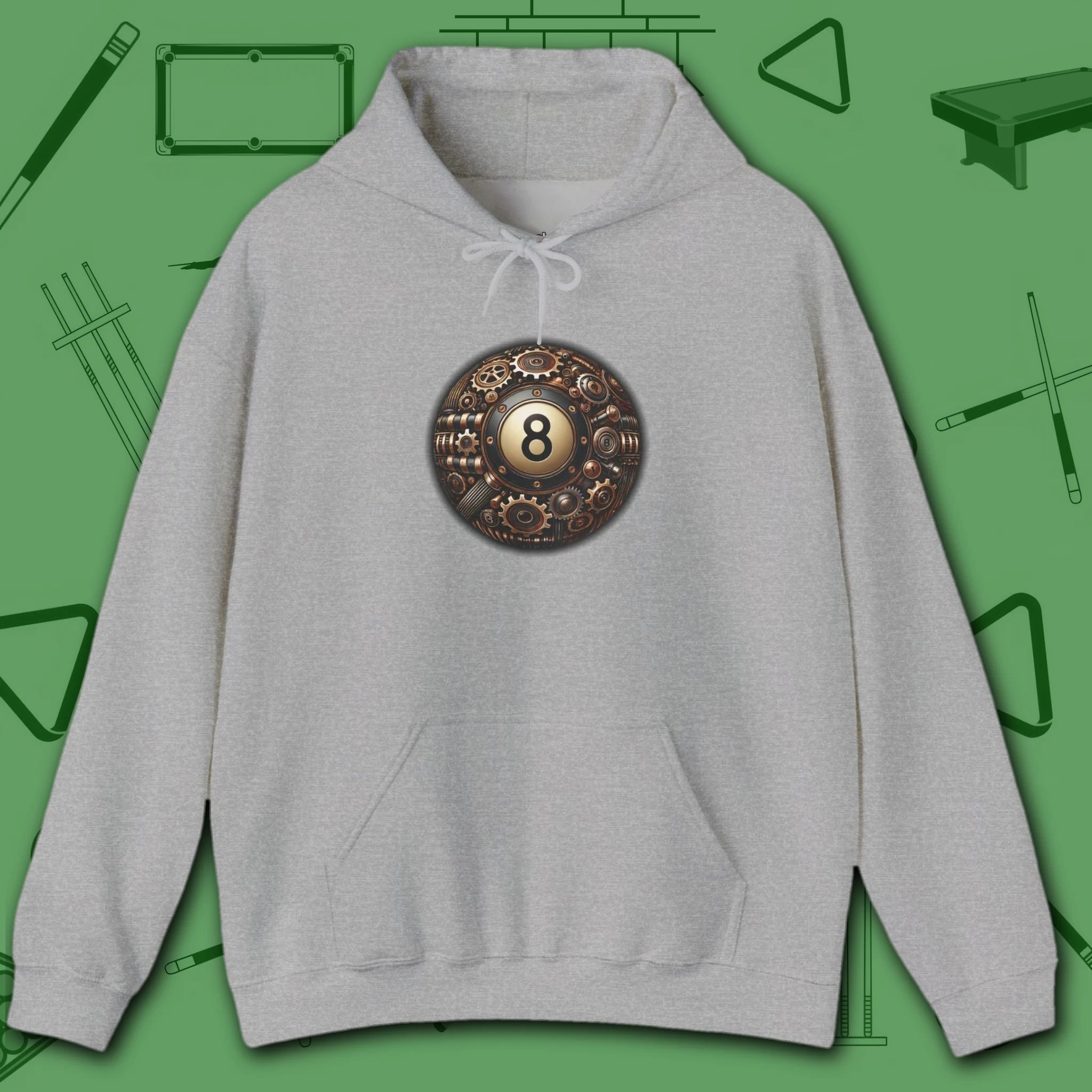 Clockwork Eight Ball Hoodie, in Sport Grey color, billiards hoodie, front view