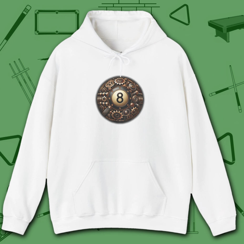 Clockwork Eight Ball Hoodie, in White color, billiards hoodie, front view
