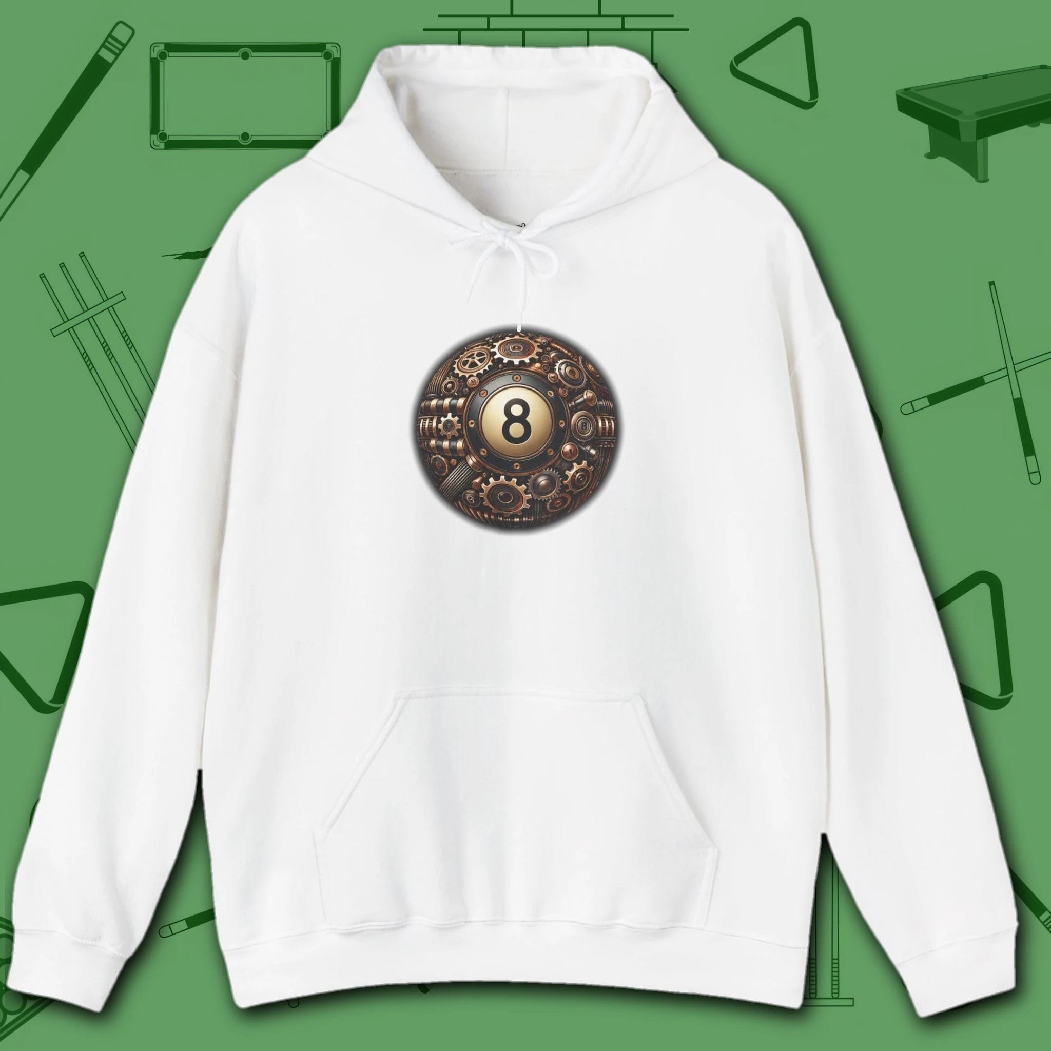 Clockwork Eight Ball Hoodie, in White color, billiards hoodie, front view