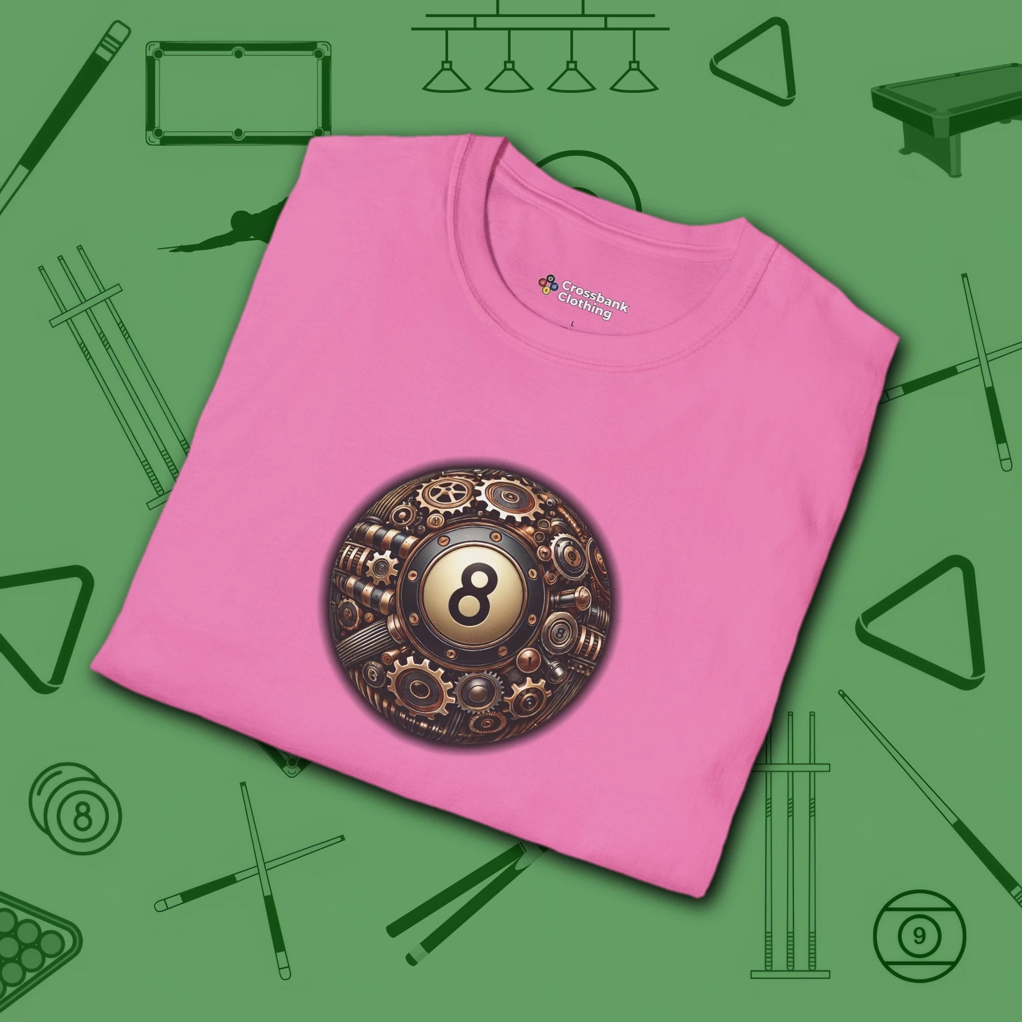 Clockwork Eight Ball T-Shirt, in Azalea color, billiards shirt, folded view