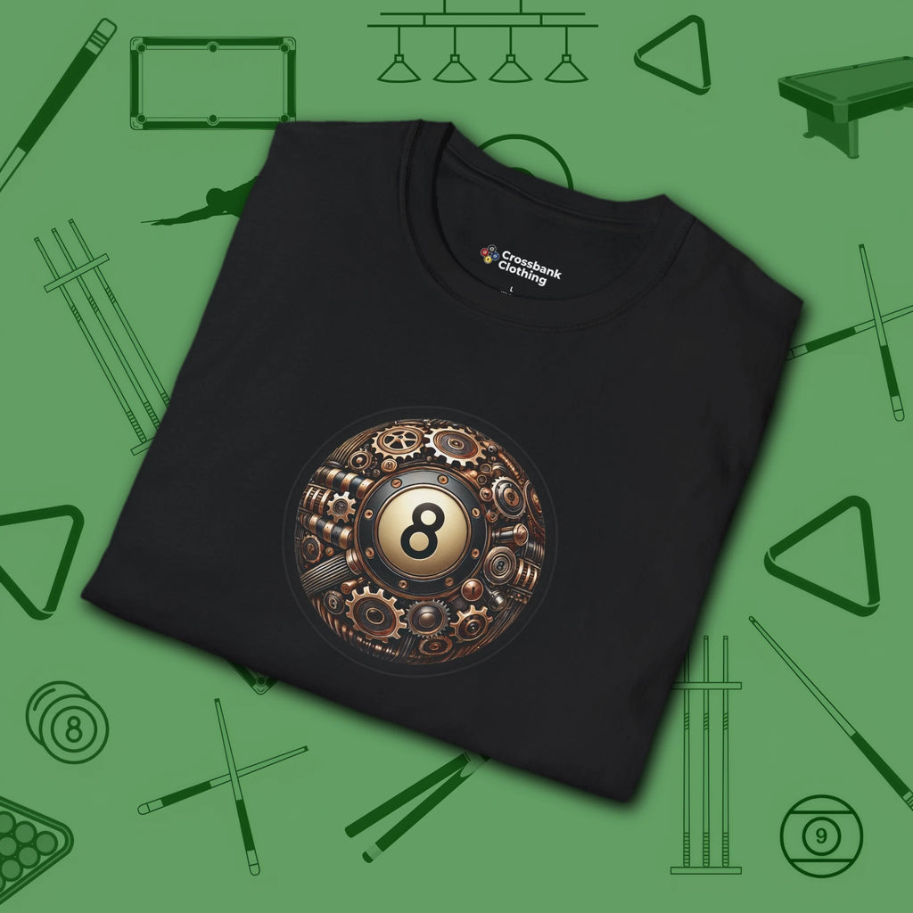 Clockwork Eight Ball T-Shirt, in Black color, billiards shirt, folded view