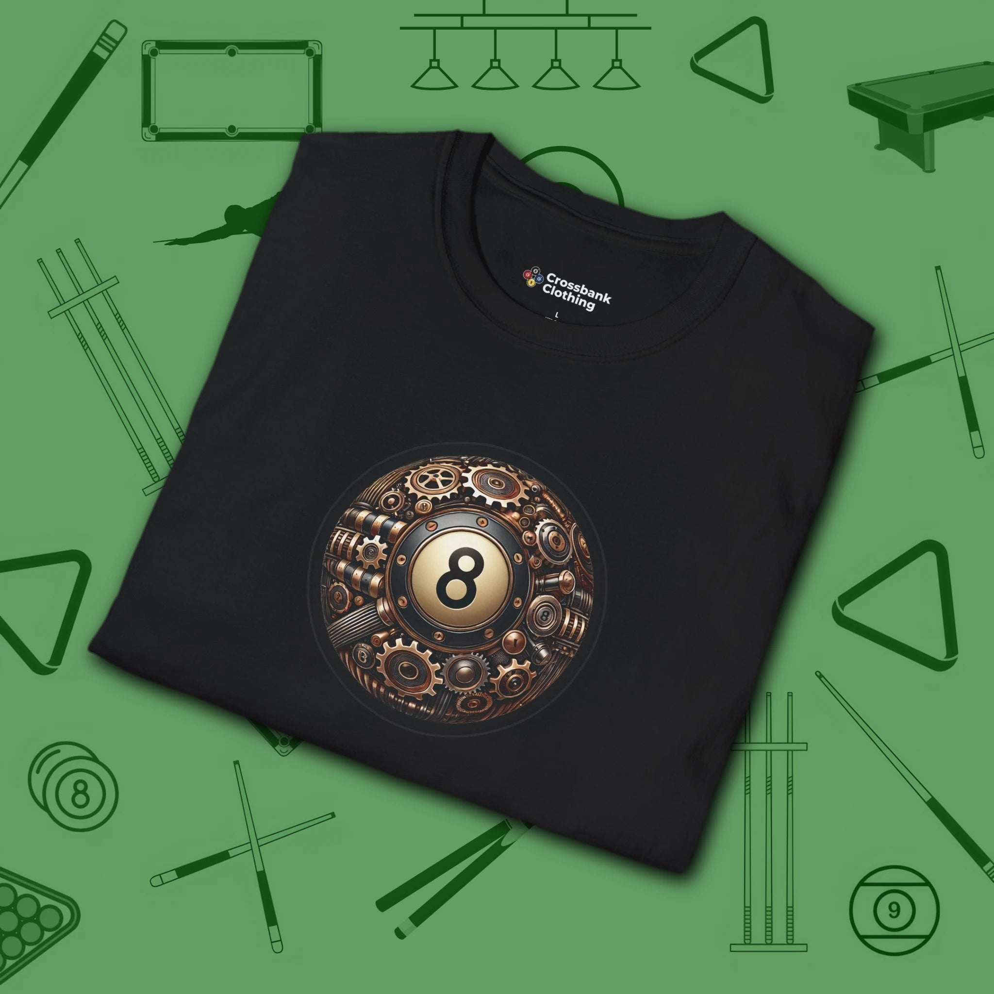 Clockwork Eight Ball T-Shirt, in Black color, billiards shirt, folded view