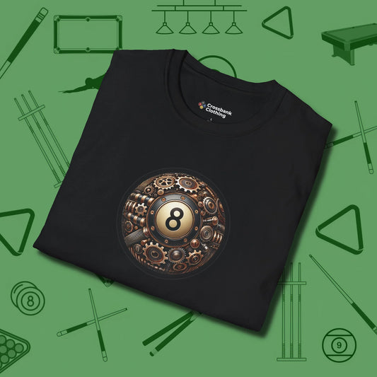Clockwork Eight Ball T-Shirt, folded view, in Black classic cue style, no gimmicks