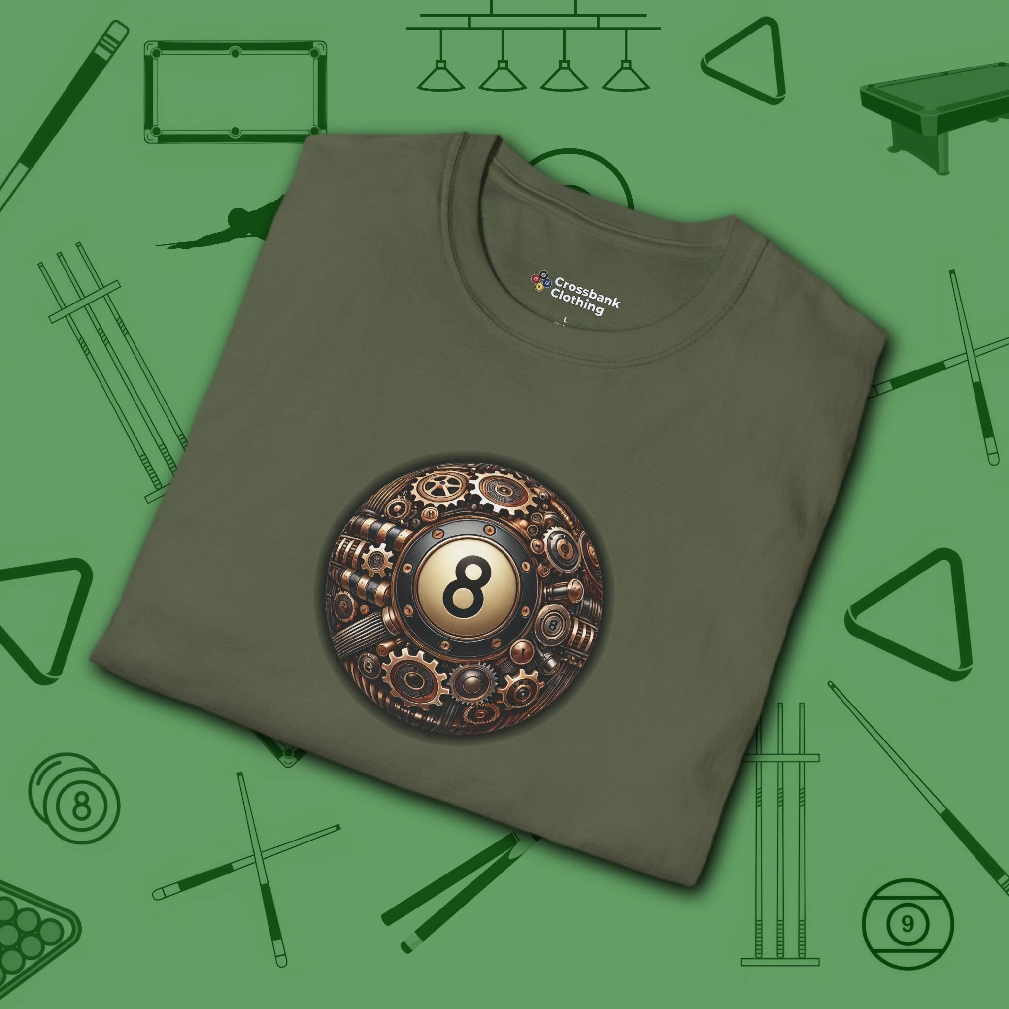 Clockwork Eight Ball T-Shirt, in Military Green color, billiards shirt, folded view