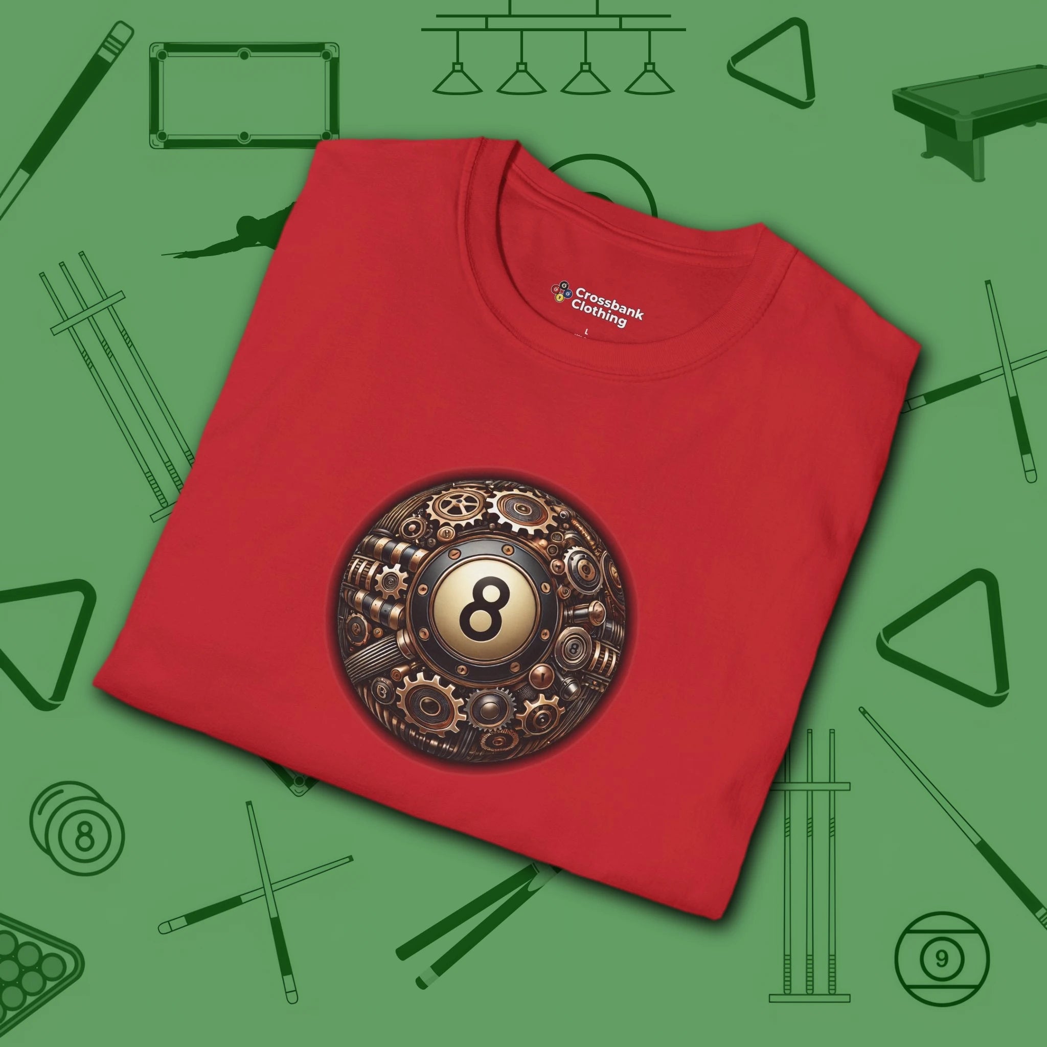 Clockwork Eight Ball T-Shirt, in Red color, billiards shirt, folded view