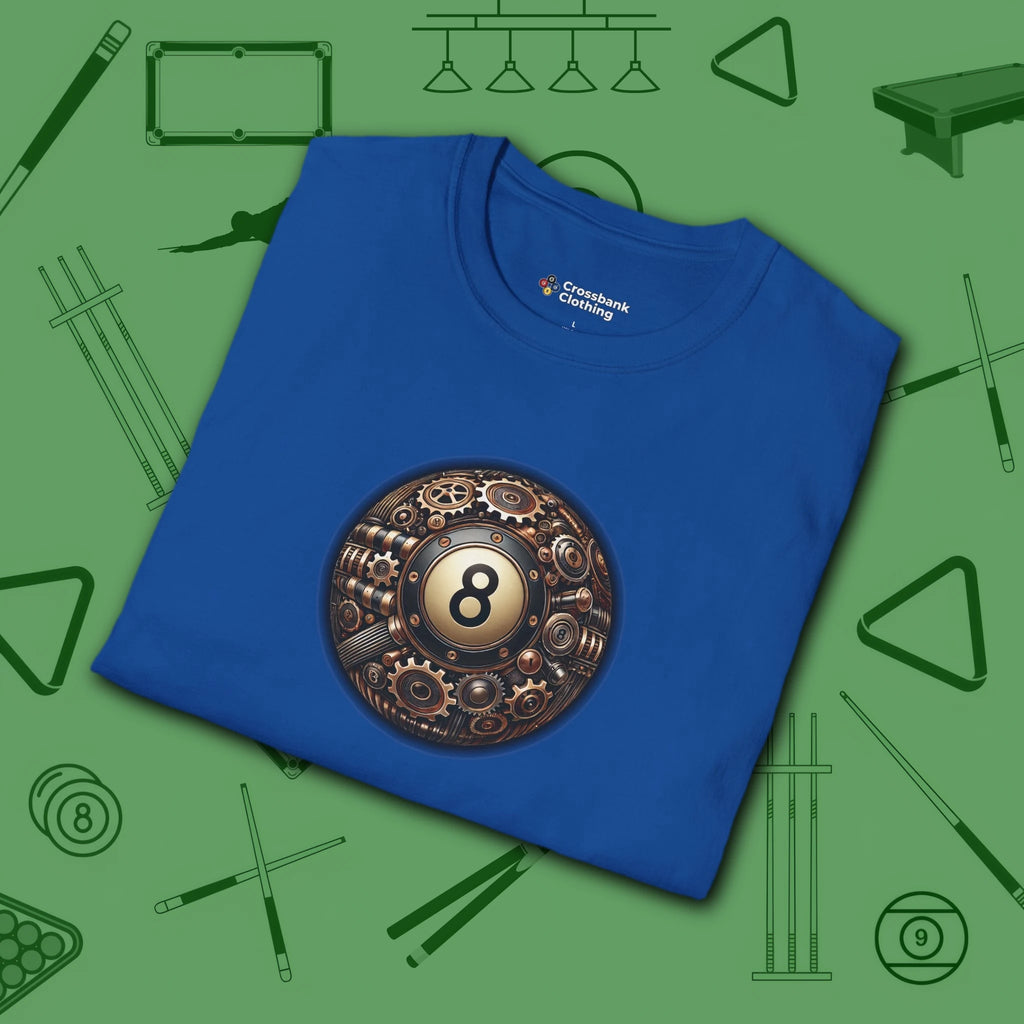 Clockwork Eight Ball T-Shirt, in Royal color, billiards shirt, folded view