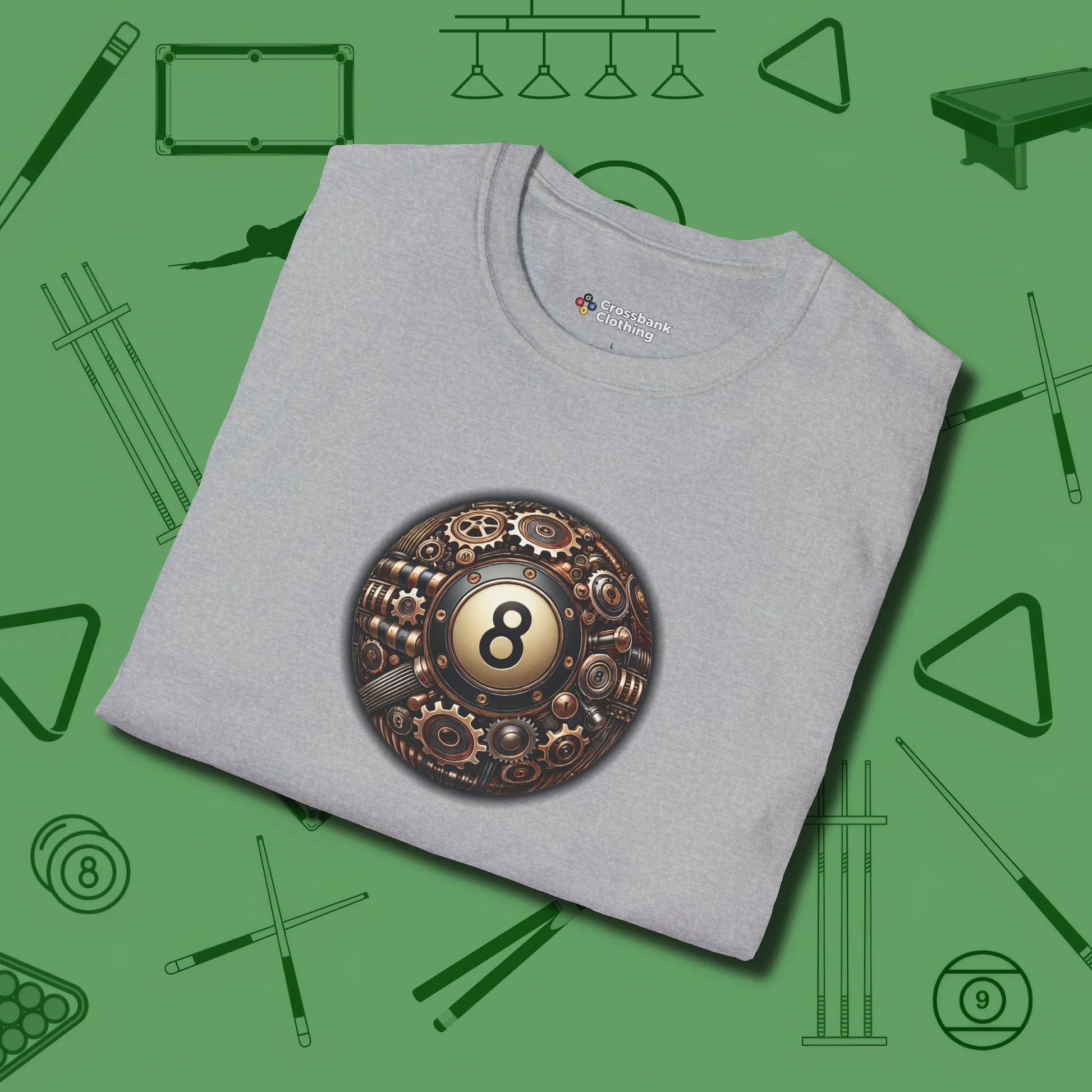 Clockwork Eight Ball T-Shirt, folded view, in Sport Grey made for pool sharks, not posers