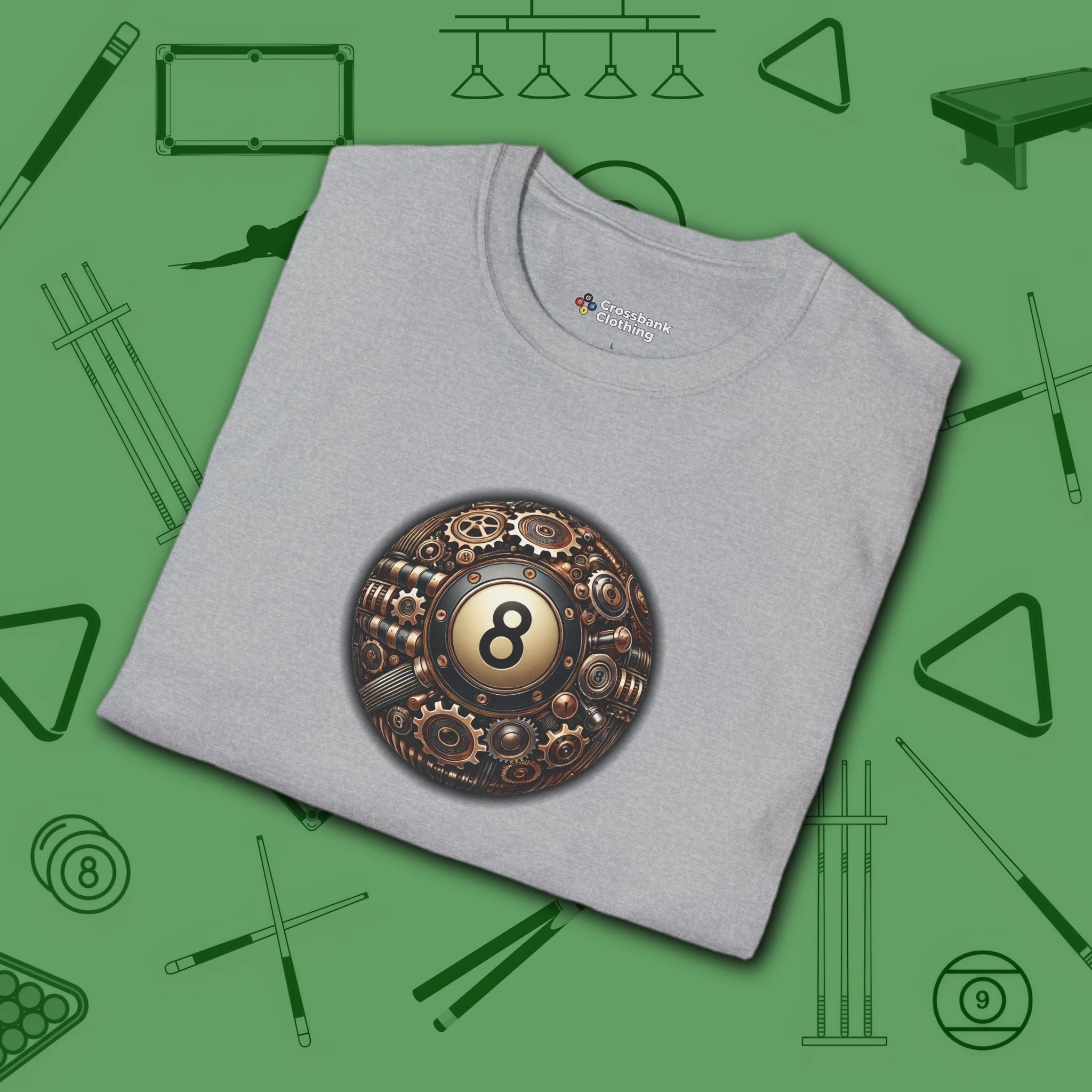 Clockwork Eight Ball T-Shirt, in Sport Grey color, billiards shirt, folded view