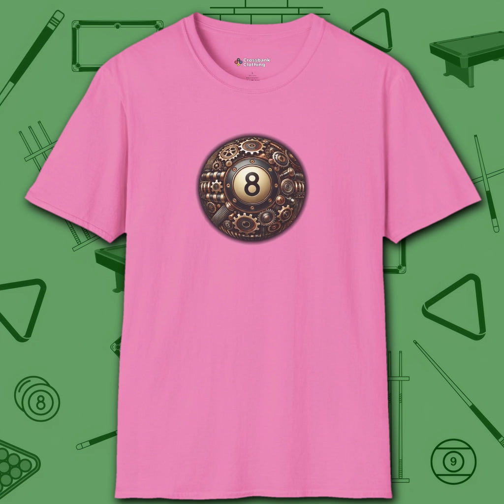 Clockwork Eight Ball T-Shirt, in Azalea color, billiards shirt, front view