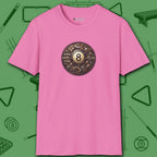 Clockwork Eight Ball T-Shirt, in Azalea color, billiards shirt, front view