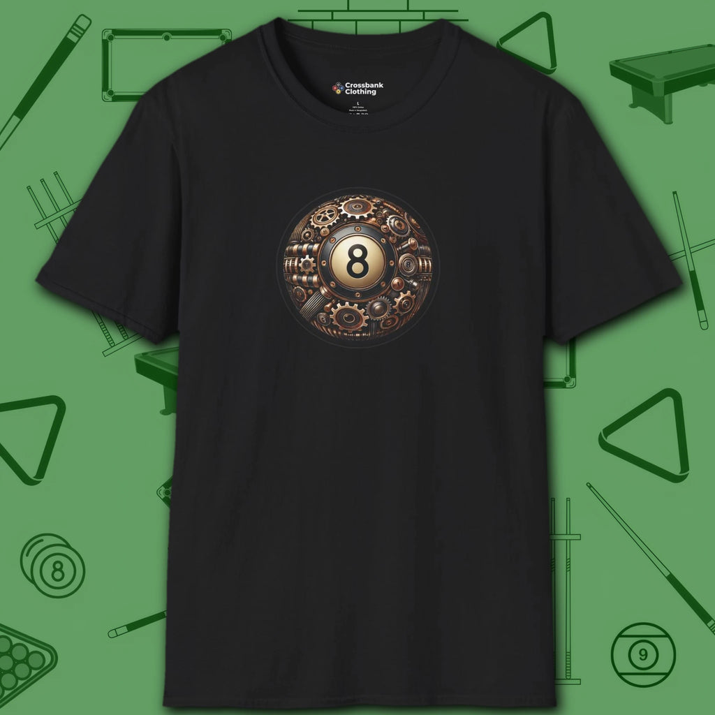 Clockwork Eight Ball T-Shirt, in Black color, billiards shirt, front view