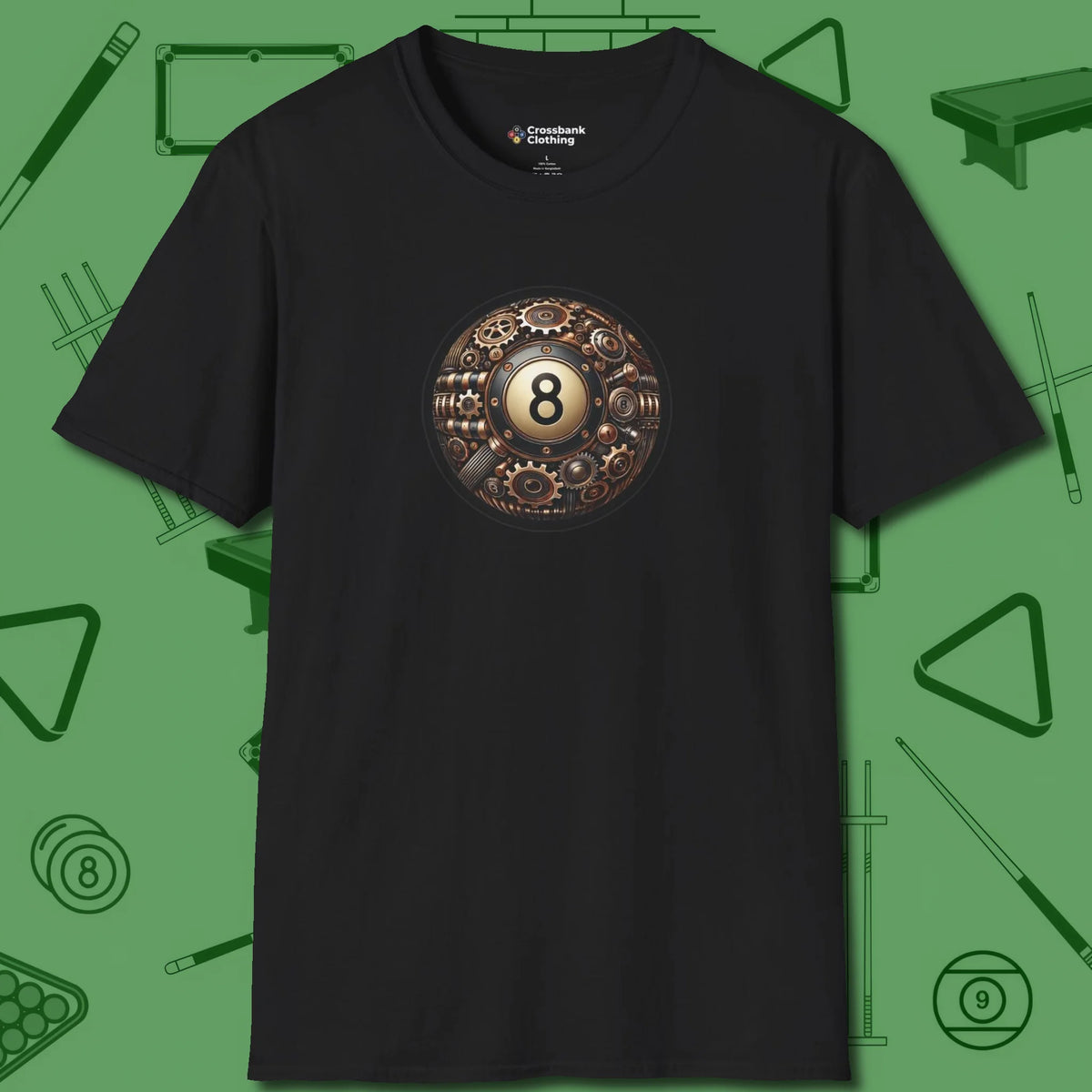 Clockwork Eight Ball T-Shirt, front view, in Black because the table is your battlefield