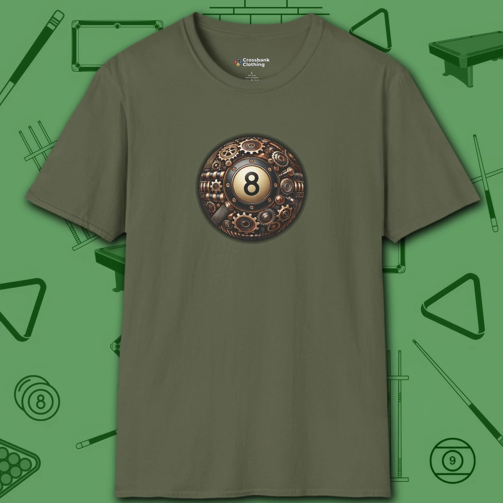 Clockwork Eight Ball T-Shirt, in Military Green color, billiards shirt, front view