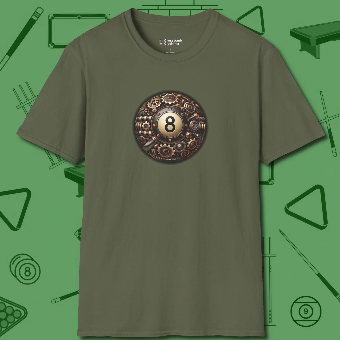 Clockwork Eight Ball T-Shirt, front view, in Military Green made for pool sharks, not posers