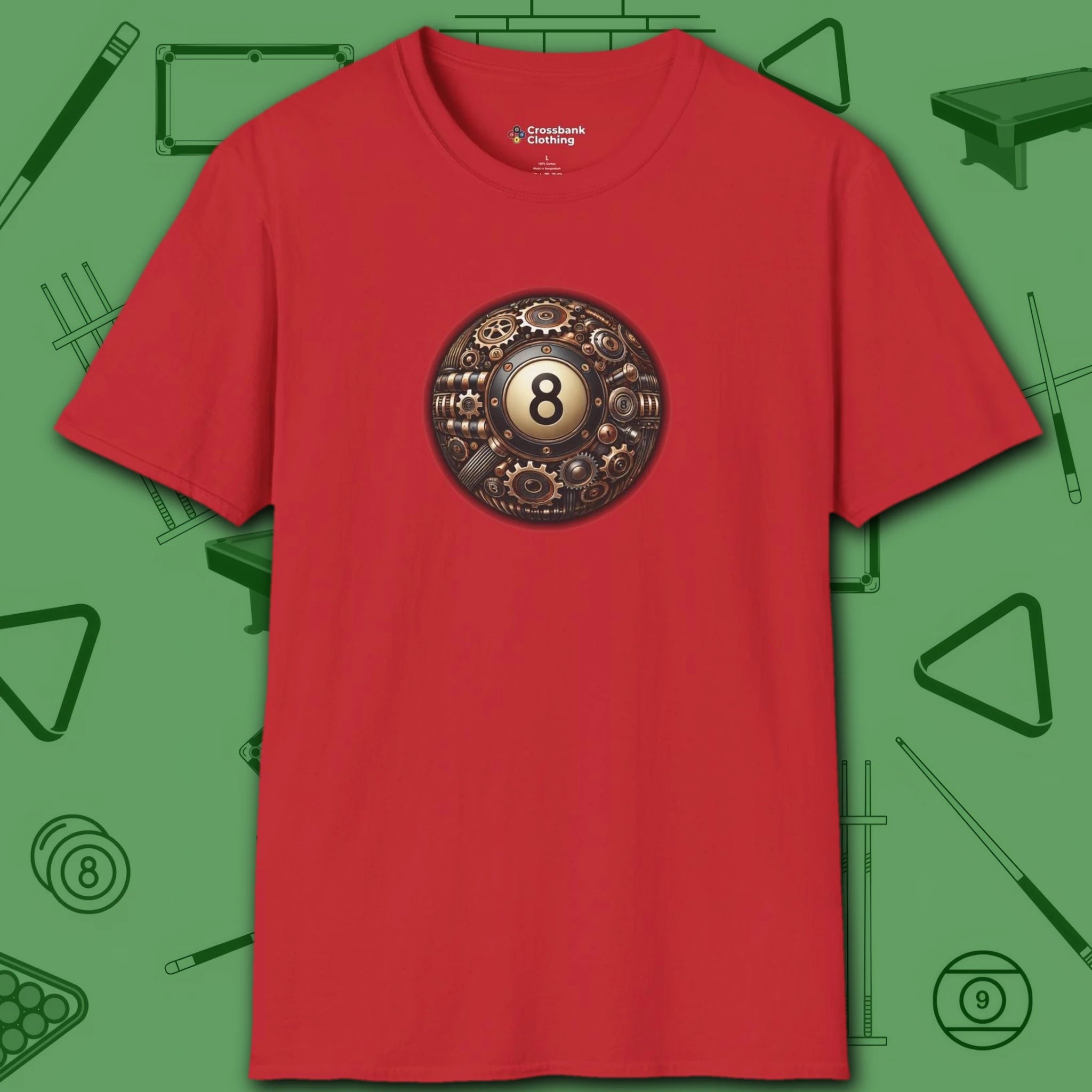 Clockwork Eight Ball T-Shirt, in Red color, billiards shirt, front view