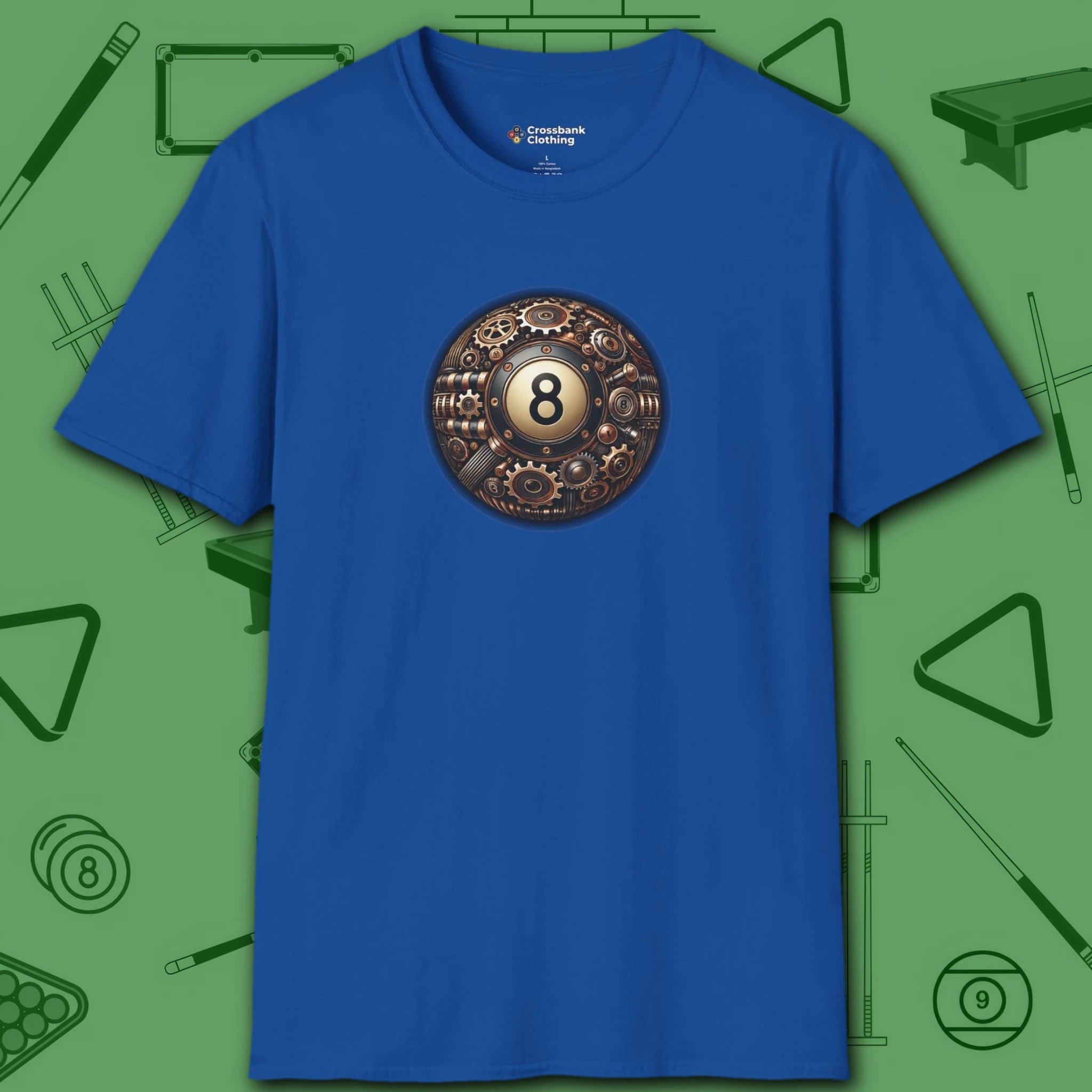 Clockwork Eight Ball T-Shirt, in Royal color, billiards shirt, front view
