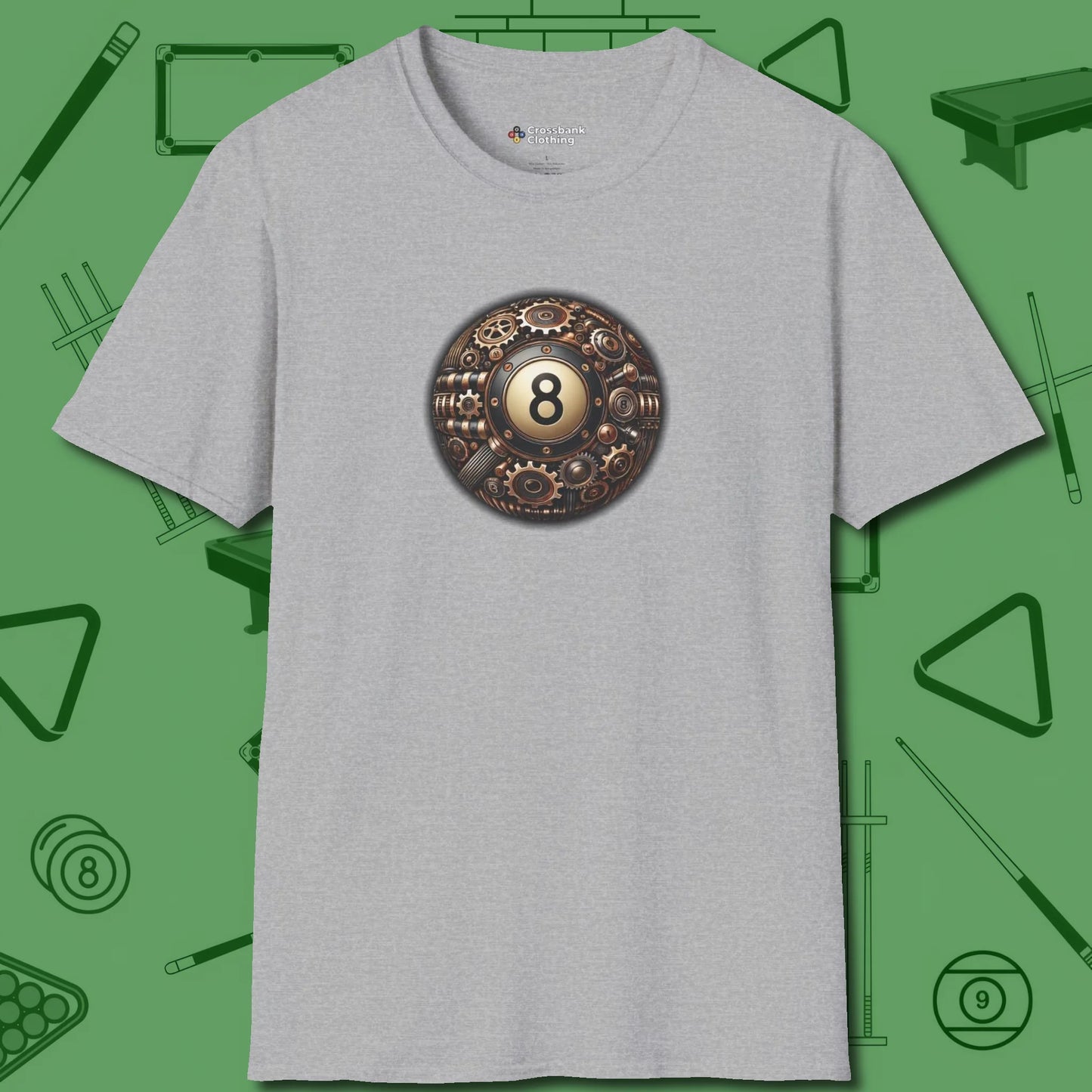 Clockwork Eight Ball T-Shirt, front view, in Sport Grey helps your stroke and your style