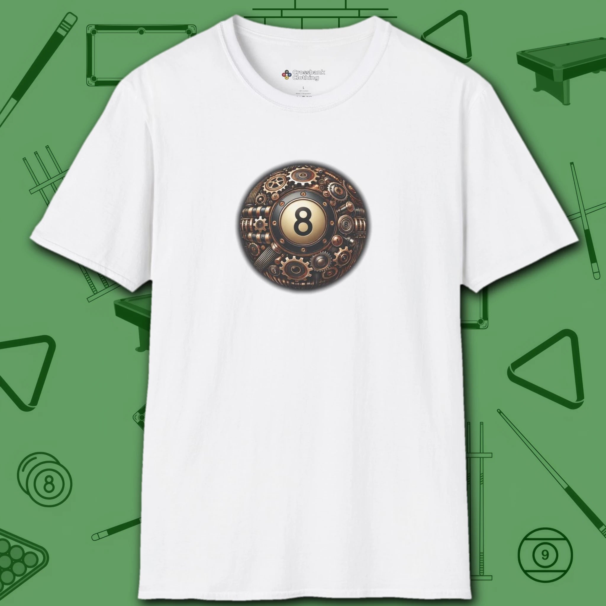 Clockwork Eight Ball T-Shirt, in White color, billiards shirt, front view