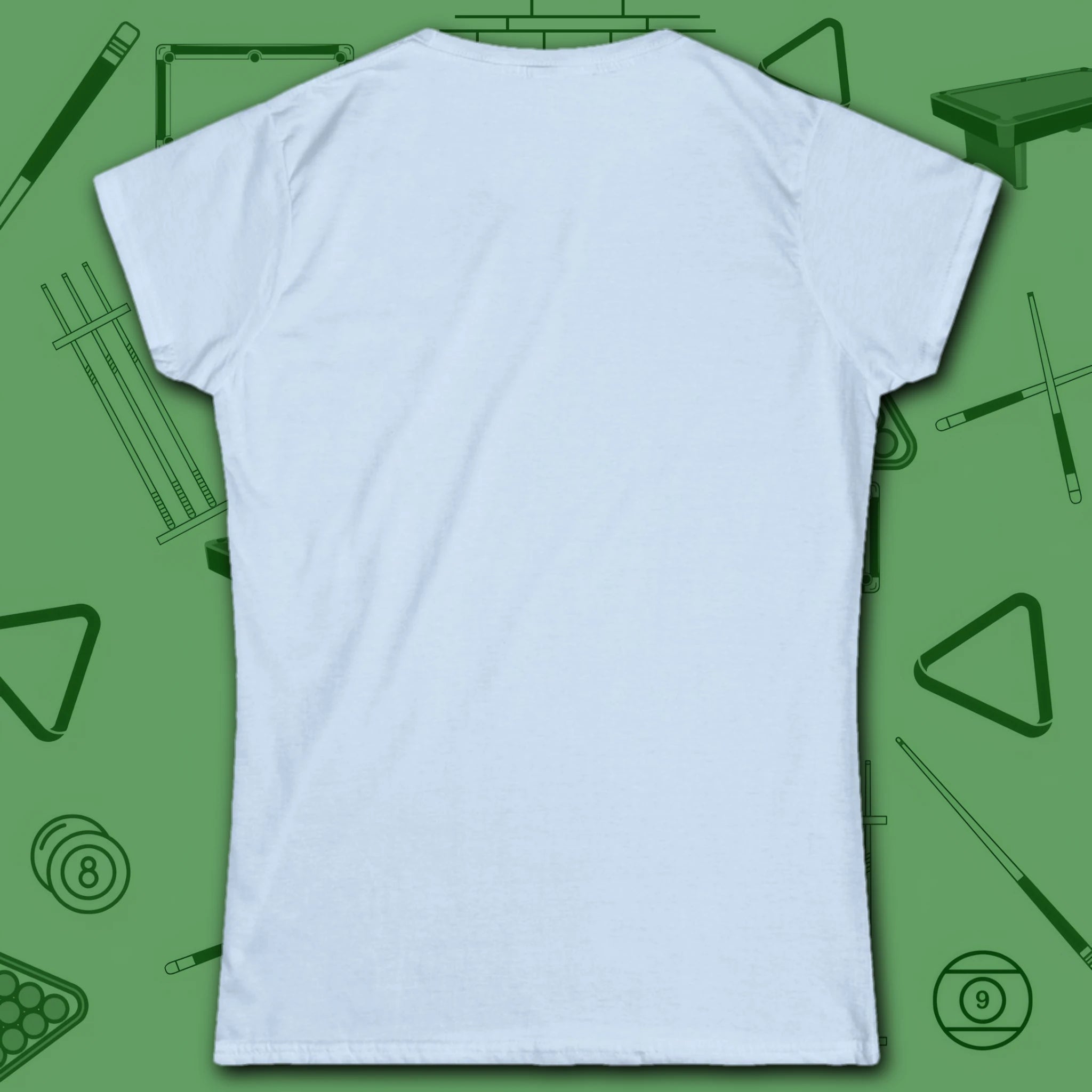 Clockwork Eight Women's Tee, in Light Blue color, billiards shirt, back view