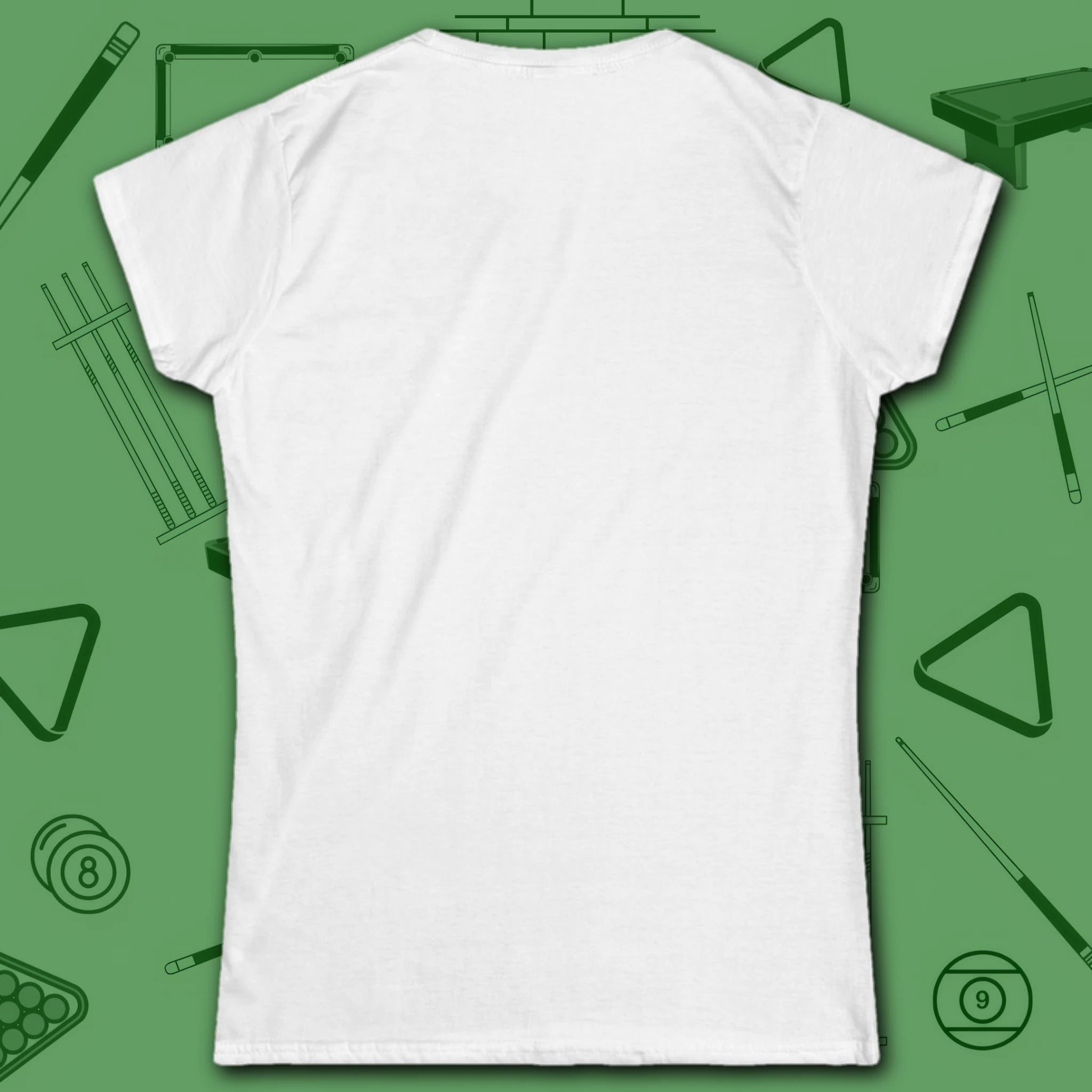Clockwork Eight Women's Tee, in White color, billiards shirt, back view