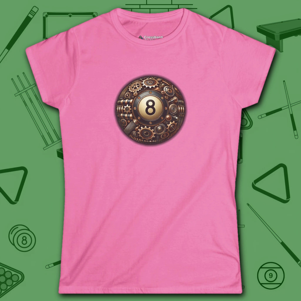 Clockwork Eight Women's Tee, in Azalea color, billiards shirt, front view