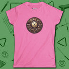Clockwork Eight Women's Tee, in Azalea color, billiards shirt, front view