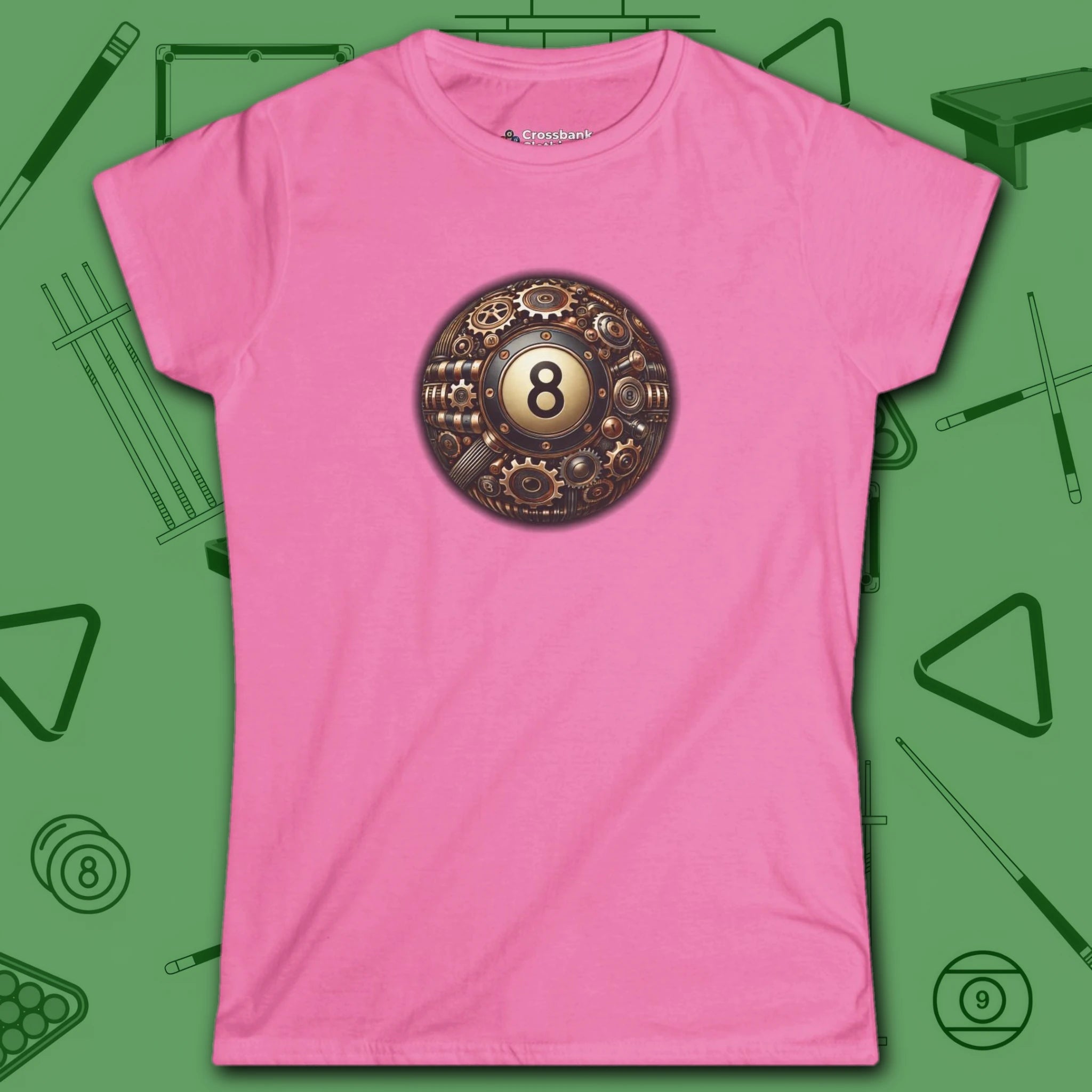 Clockwork Eight Women's Tee, in Azalea color, billiards shirt, front view