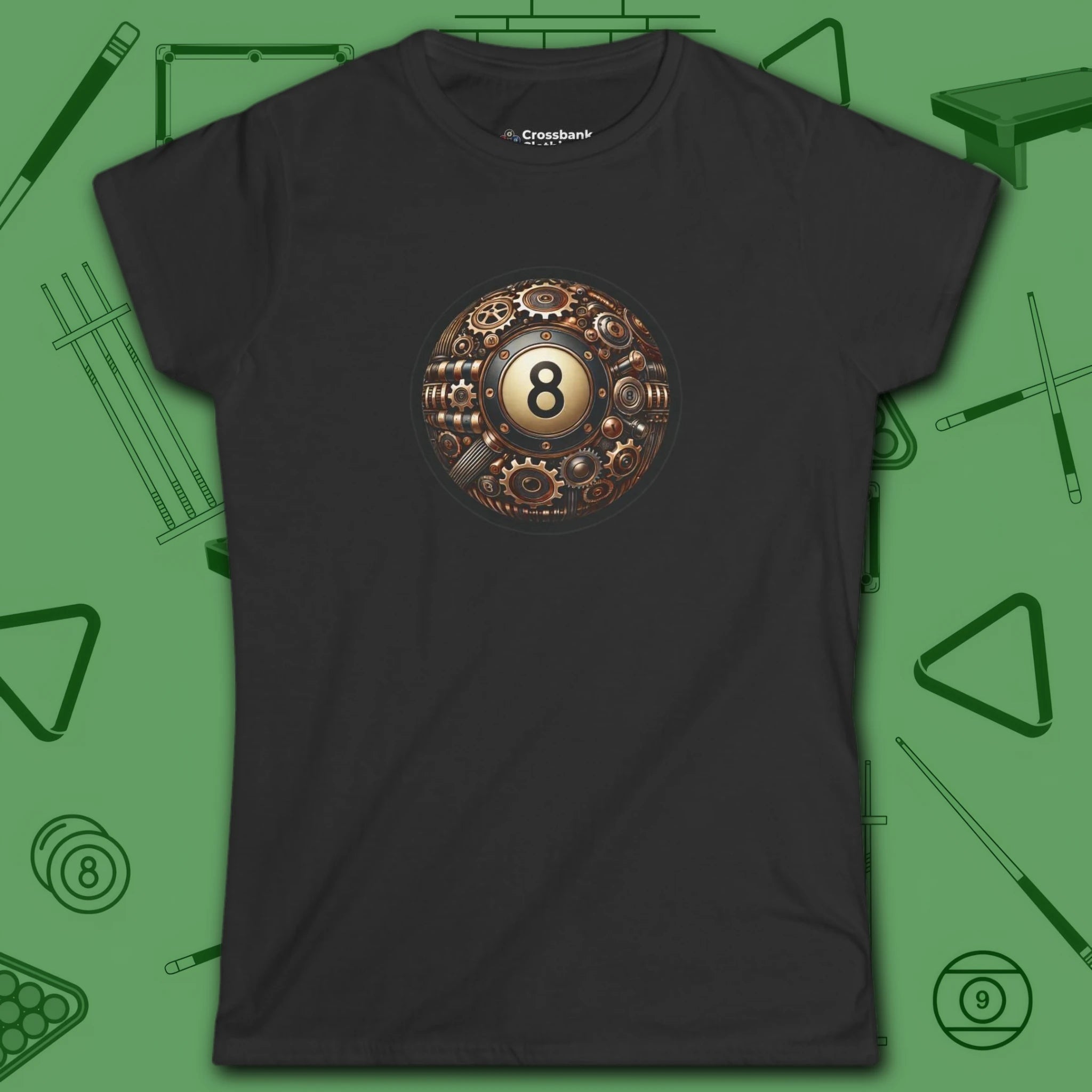 Clockwork Eight Women's Tee, in Black color, billiards shirt, front view