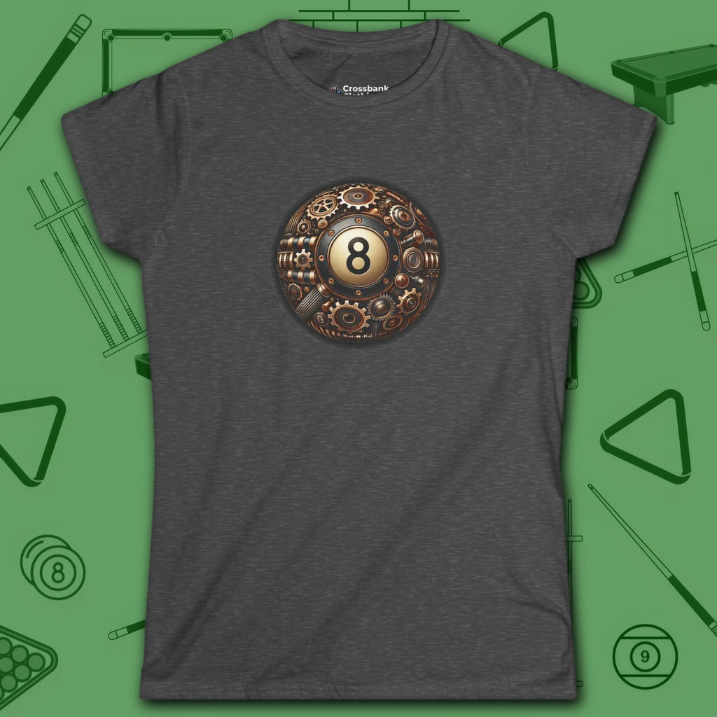 Clockwork Eight Women's Tee, in Dark Heather color, billiards shirt, front view