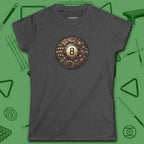 Clockwork Eight Women's Tee, in Dark Heather color, billiards shirt, front view